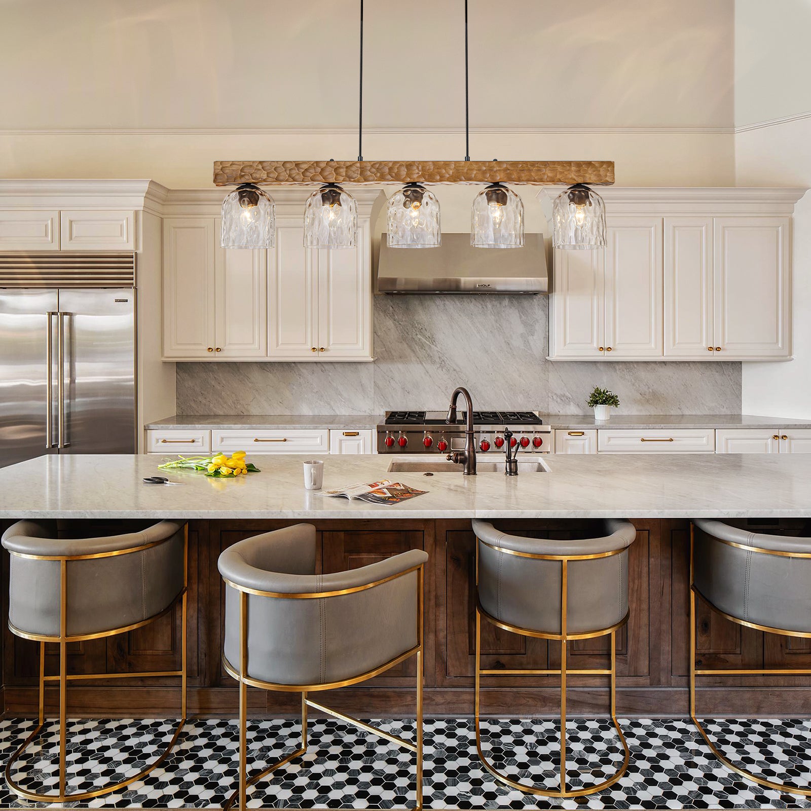 Glowlings 5-Light Farmhouse 43"Wide Large Wooden Hammered Clear Glass Linear Pendant Light