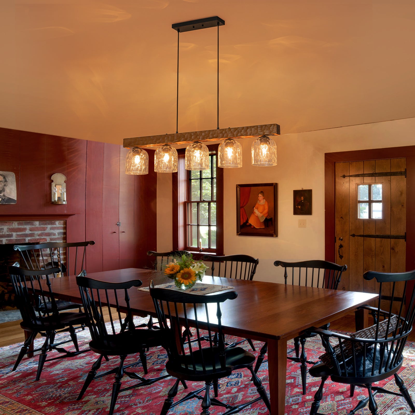 Glowlings 5-Light Farmhouse 43"Wide Large Wooden Hammered Clear Glass Linear Pendant Light