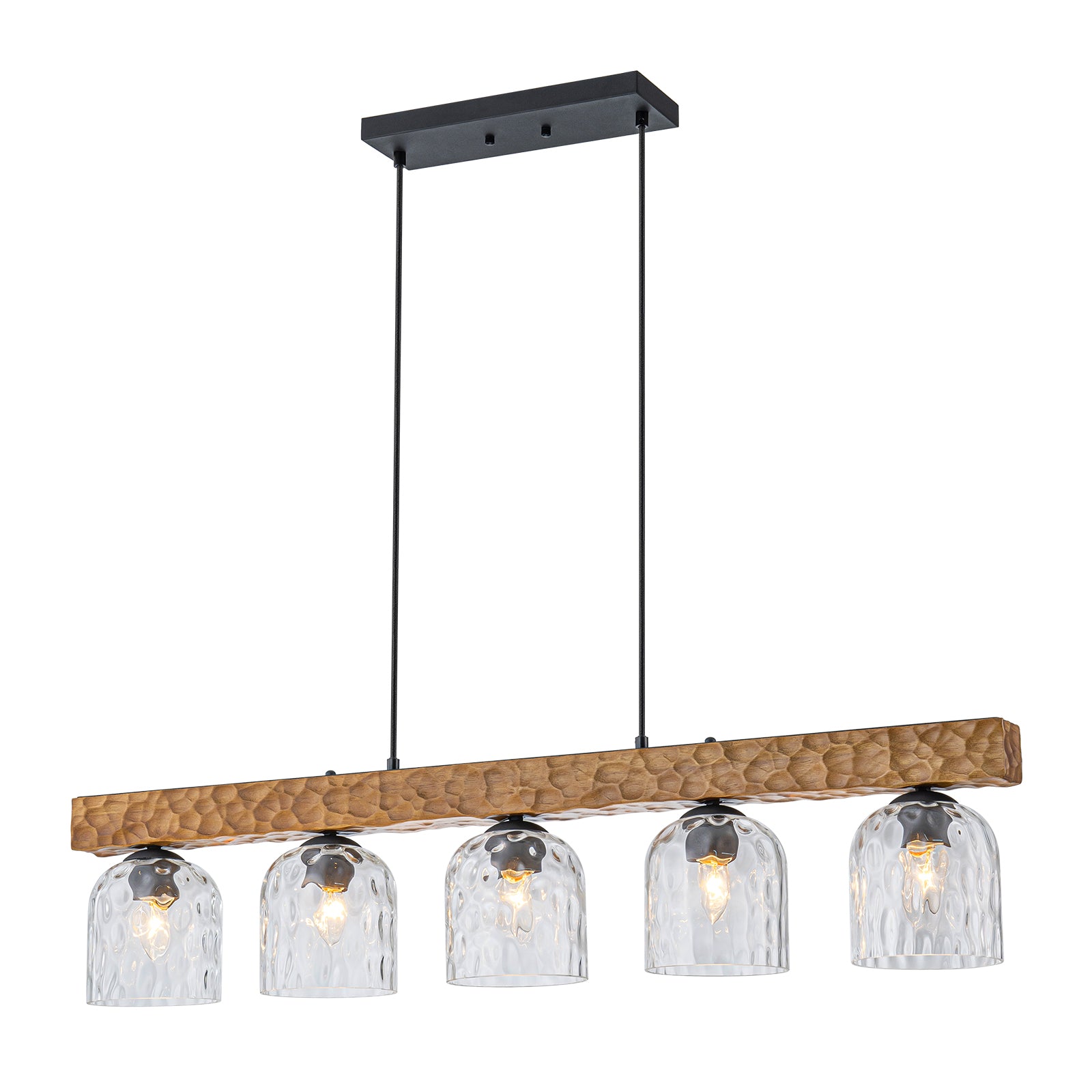 Glowlings 5-Light Farmhouse 43"Wide Large Wooden Hammered Clear Glass Linear Pendant Light