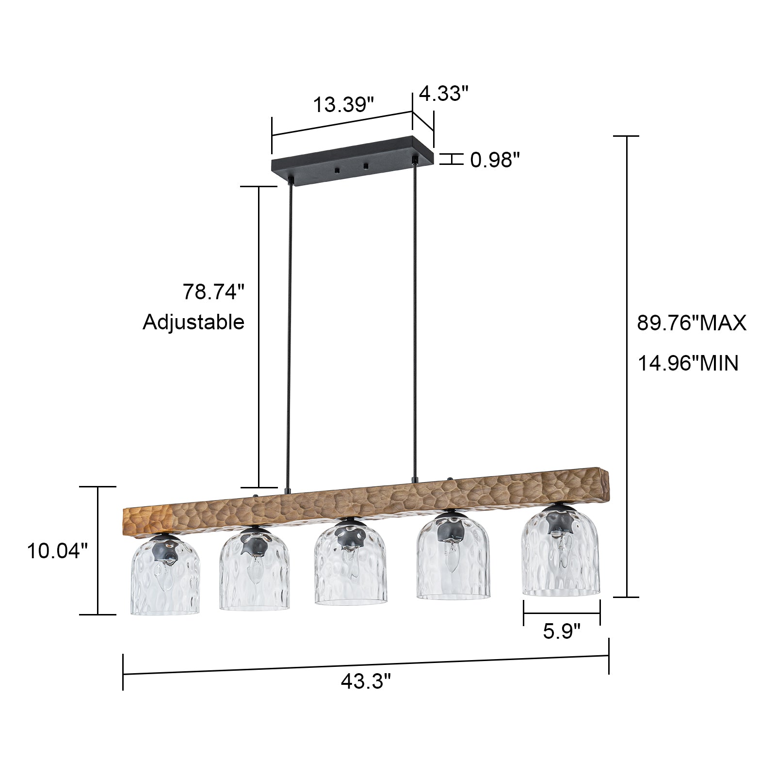 Glowlings 5-Light Farmhouse 43"Wide Large Wooden Hammered Clear Glass Linear Pendant Light