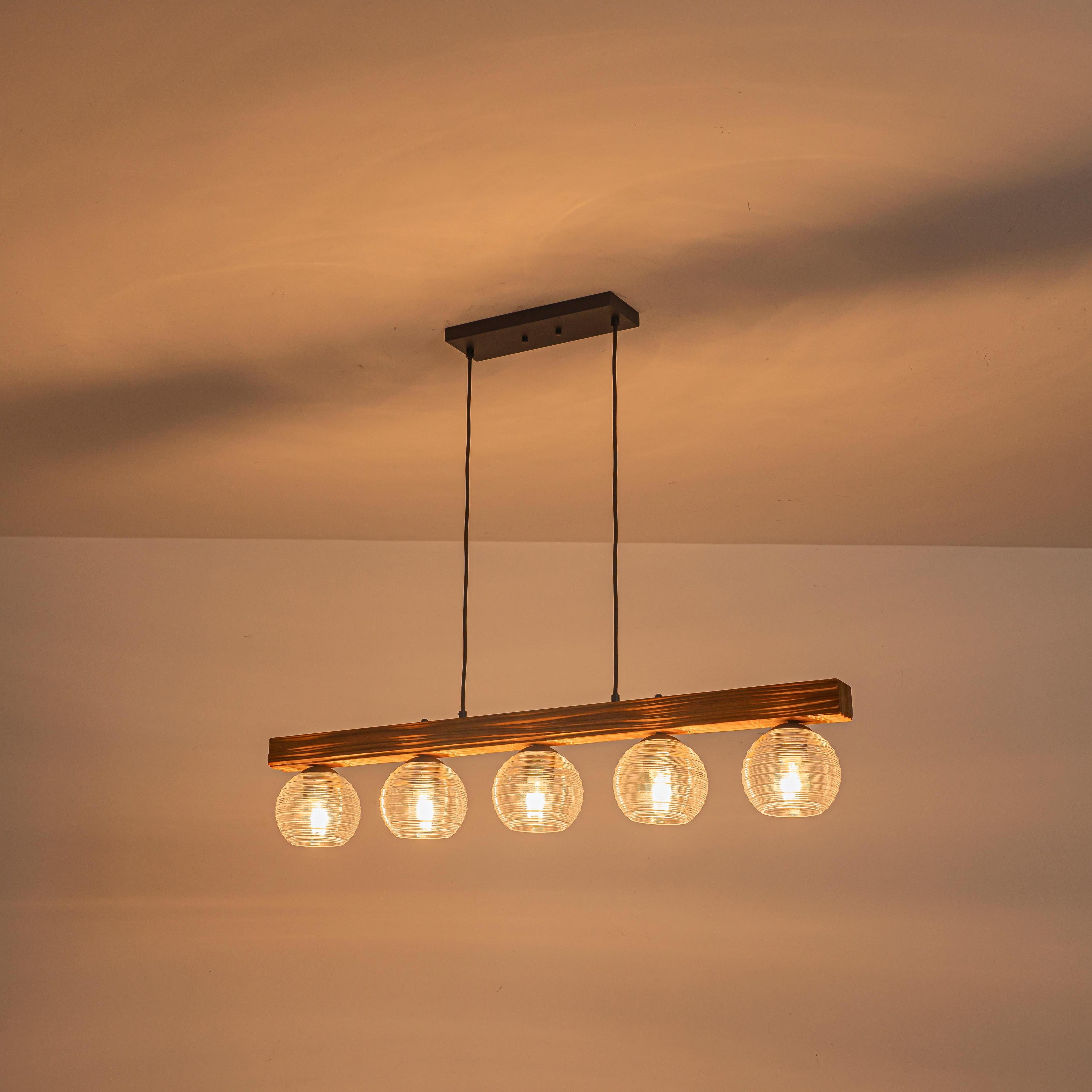 Glowlings 5-Light Farmhouse 43"Wide Large Wooden Hammered Clear Glass Linear Pendant Light