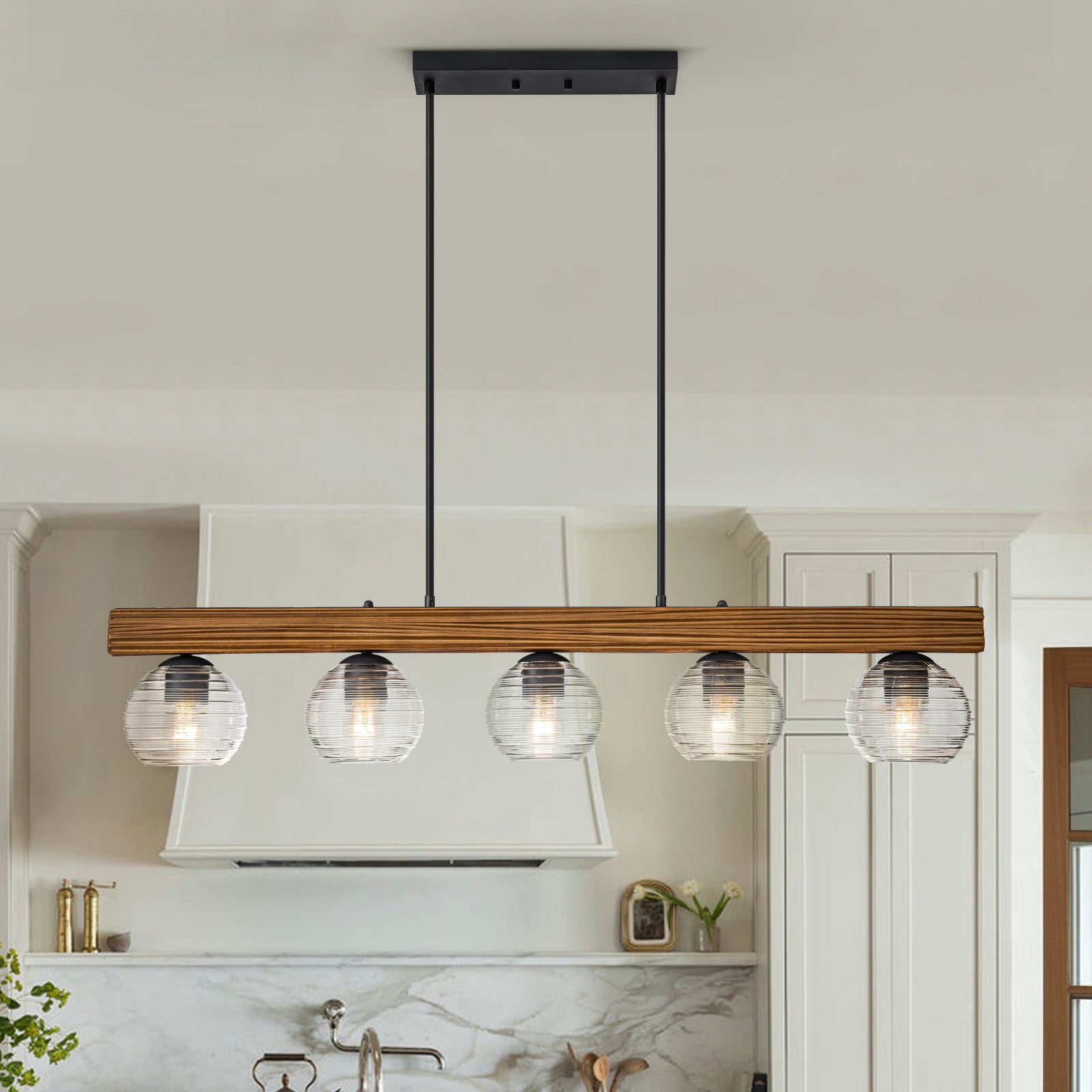 Glowlings 5-Light Farmhouse 43"Wide Large Wooden Hammered Clear Glass Linear Pendant Light