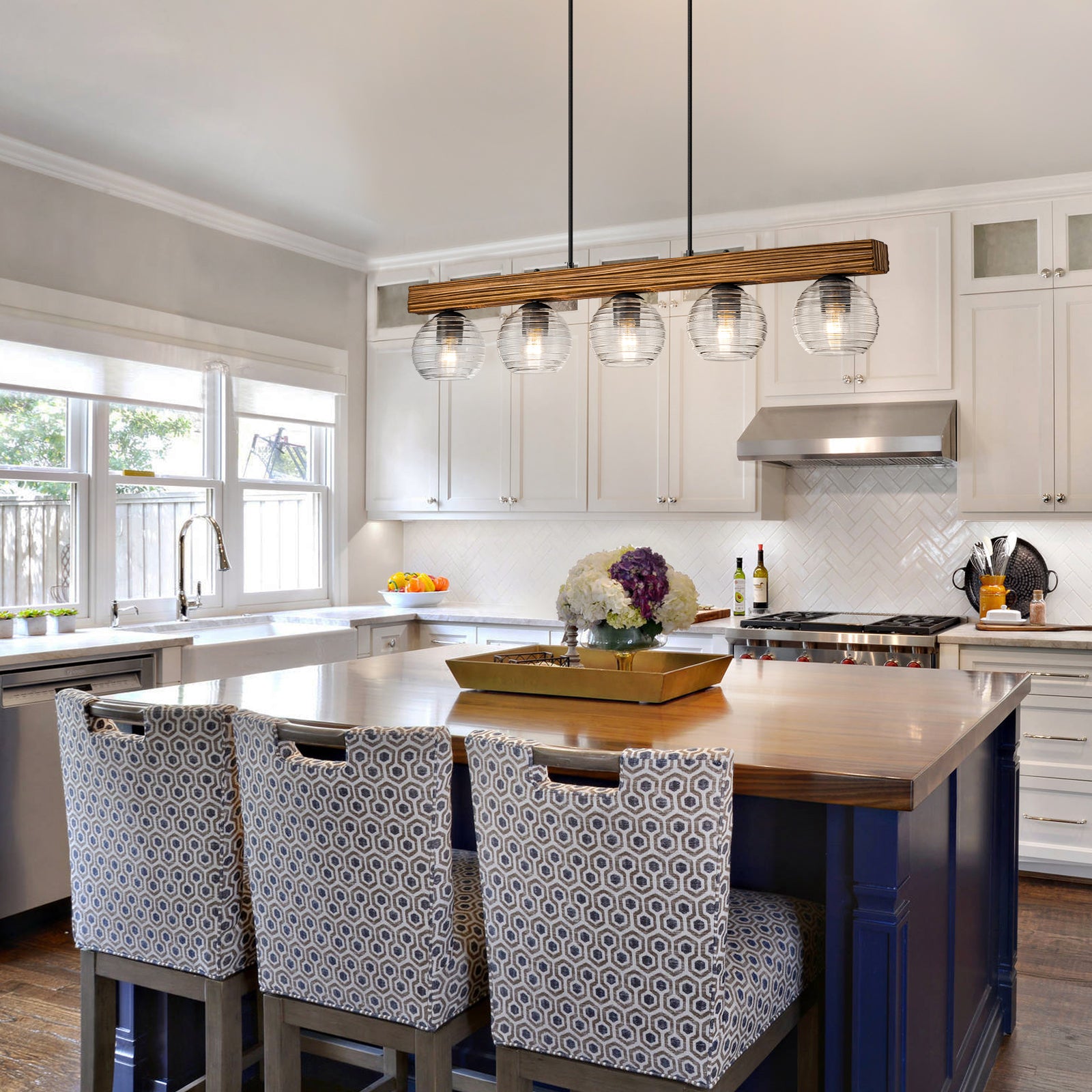 Glowlings 5-Light Farmhouse 43"Wide Large Wooden Hammered Clear Glass Linear Pendant Light