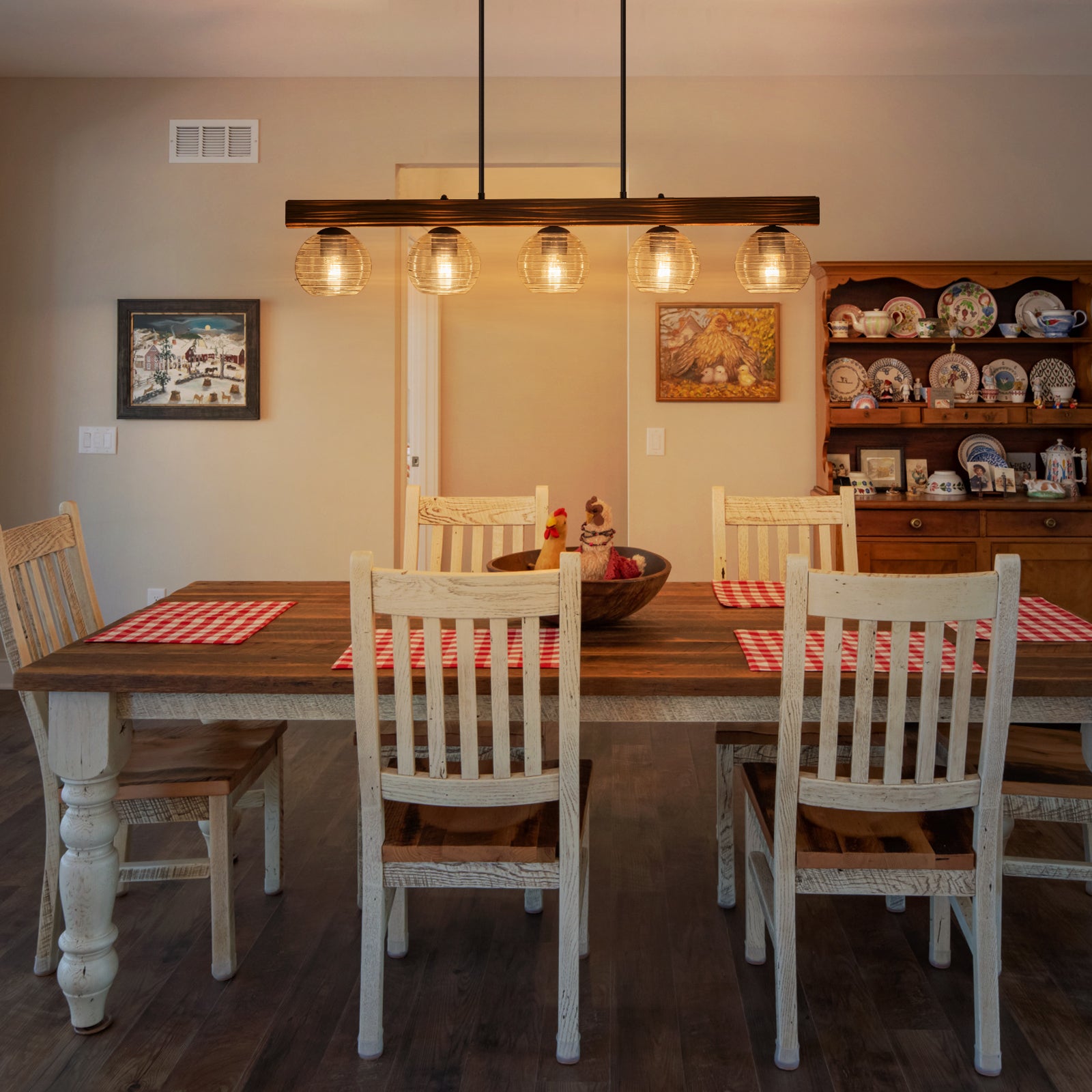 Glowlings 5-Light Farmhouse 43"Wide Large Wooden Hammered Clear Glass Linear Pendant Light