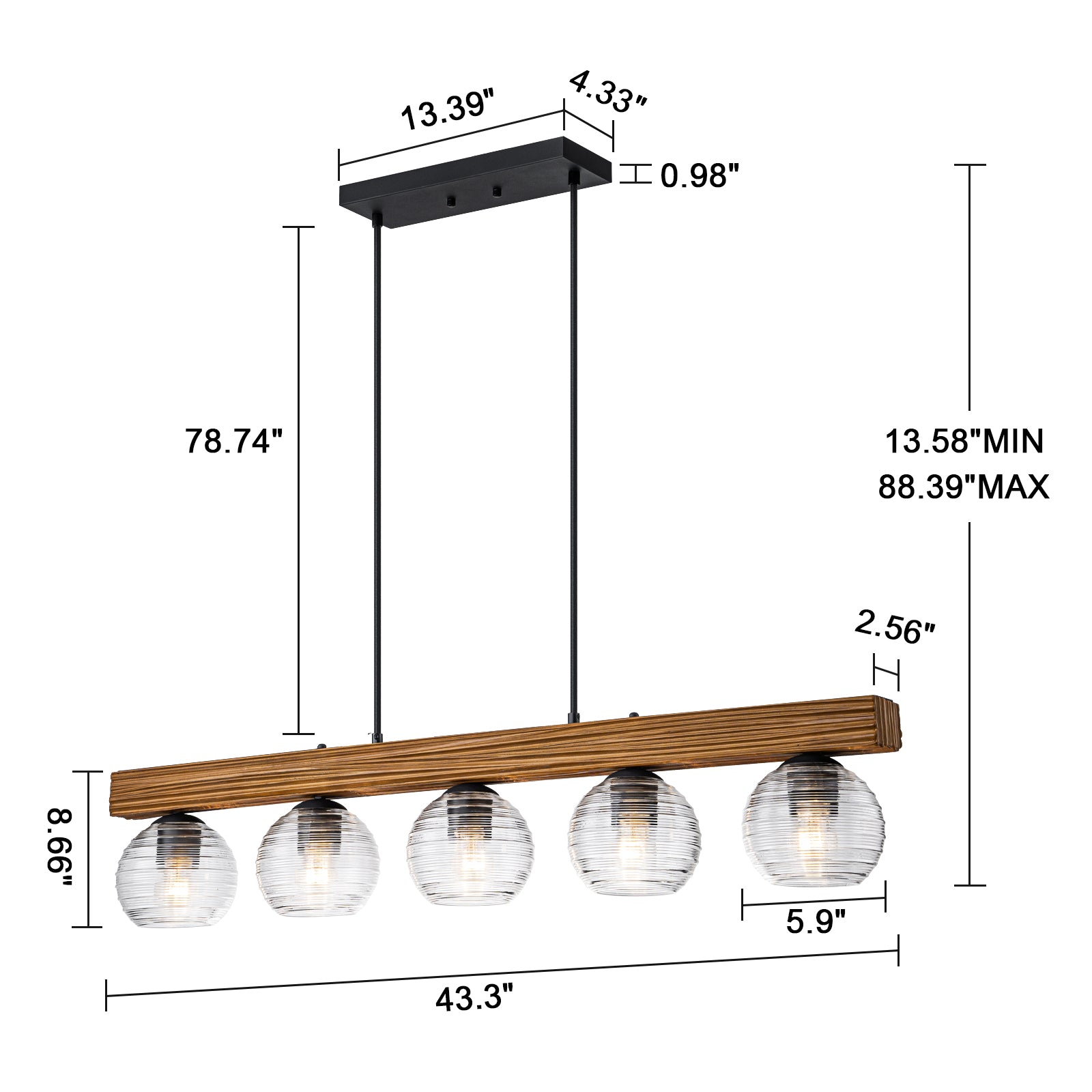 Glowlings 5-Light Farmhouse 43"Wide Large Wooden Hammered Clear Glass Linear Pendant Light