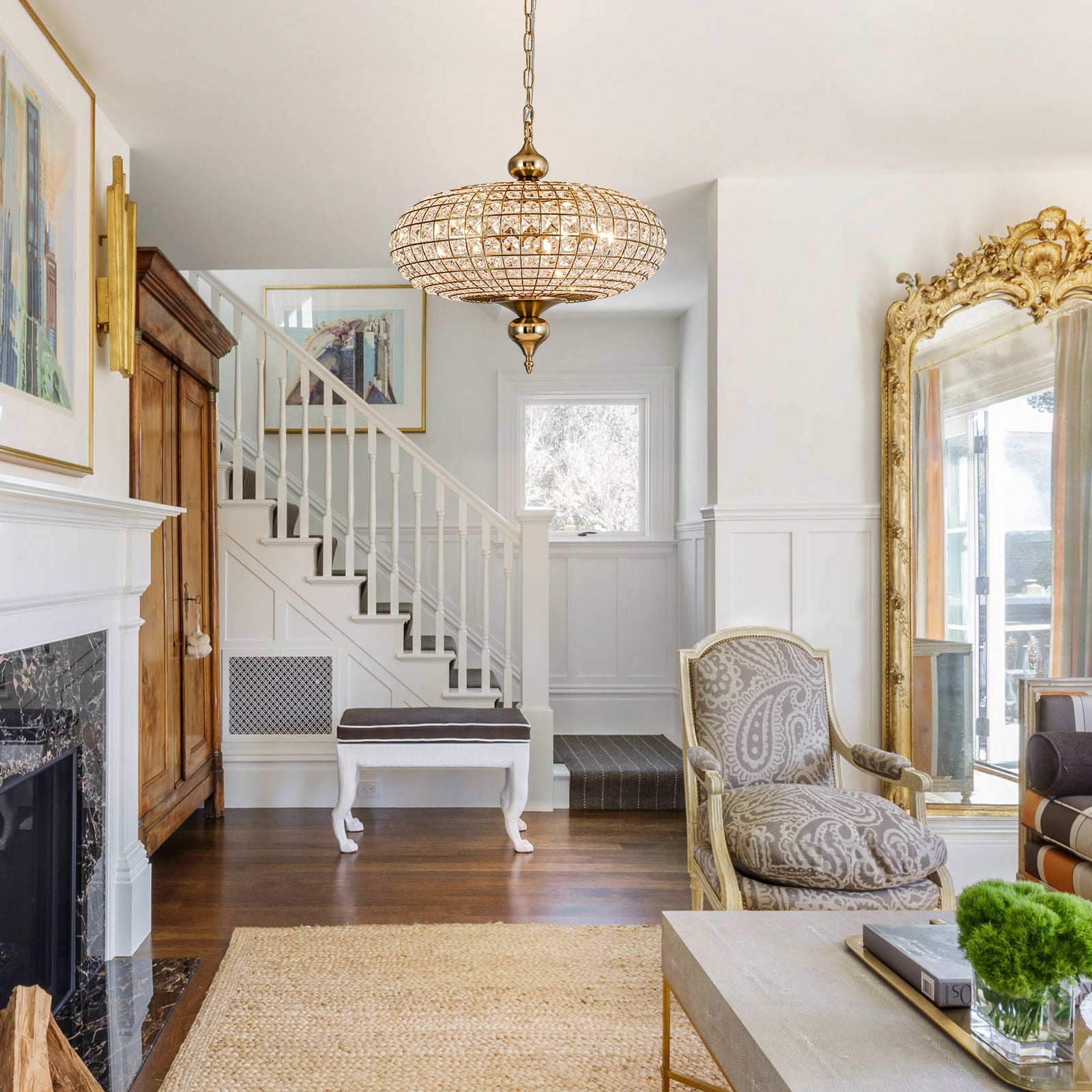 Glowlings 5-flammiger Vintage-Kronleuchter mit großer Messingkugel, 50,8 cm breit, handgefertigt, Kristall