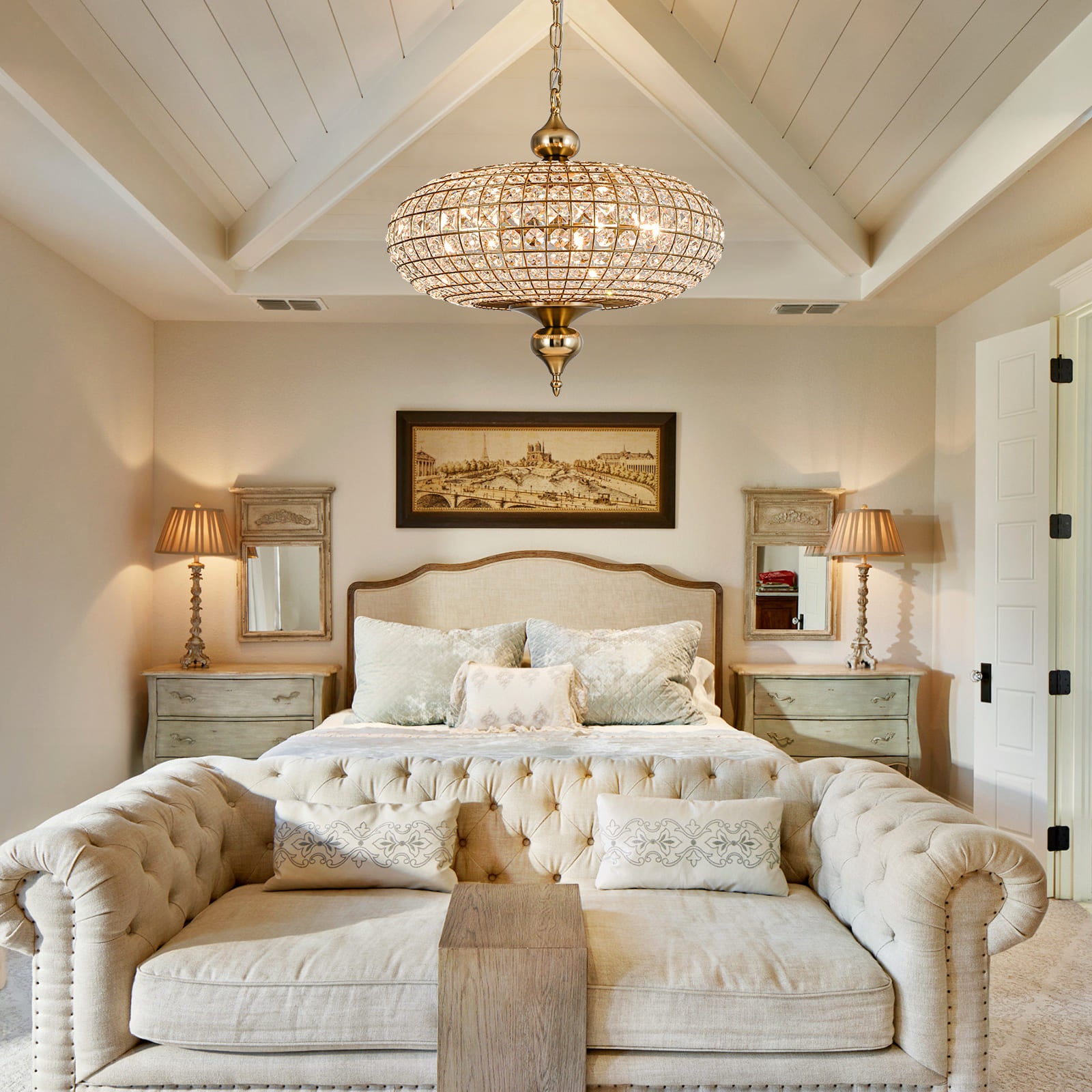 Glowlings 5-flammiger Vintage-Kronleuchter mit großer Messingkugel, 50,8 cm breit, handgefertigt, Kristall