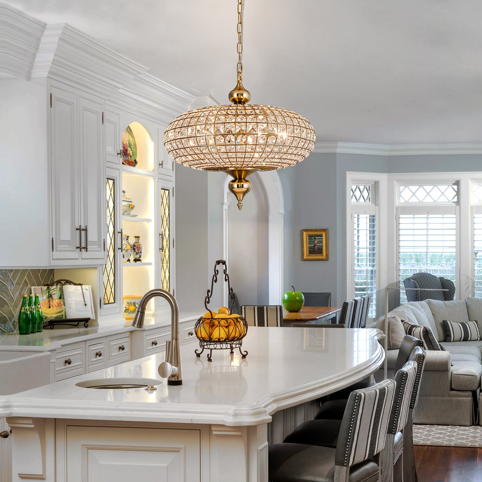 Glowlings 5-flammiger Vintage-Kronleuchter mit großer Messingkugel, 50,8 cm breit, handgefertigt, Kristall