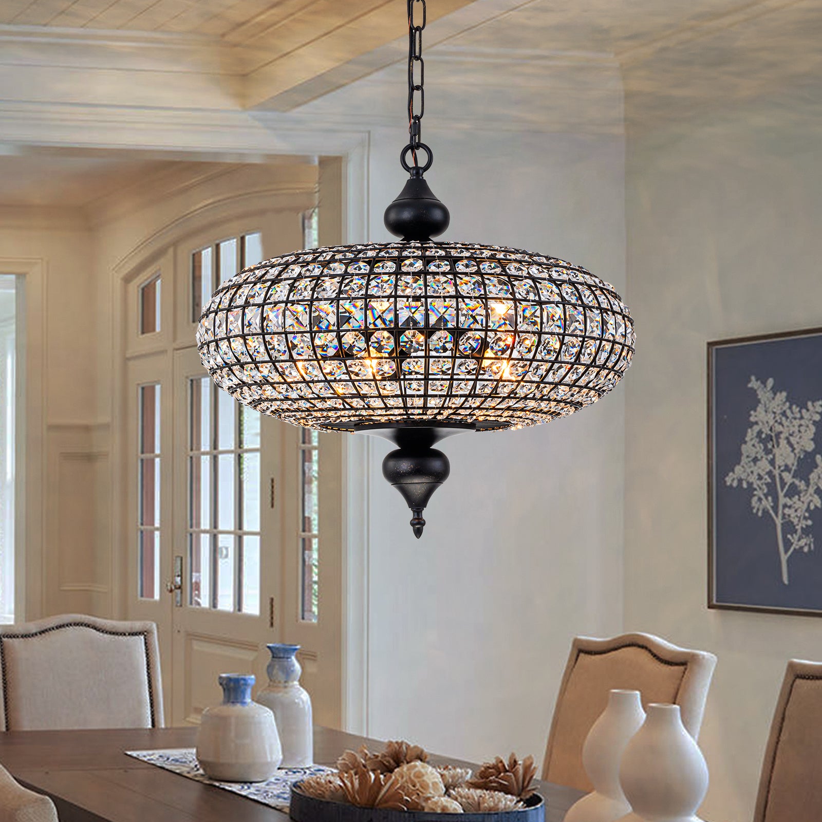 Glowlings 5-Light Vintage 20"Wide Large Brass/Black Globe Handmade Crystal Chandelier