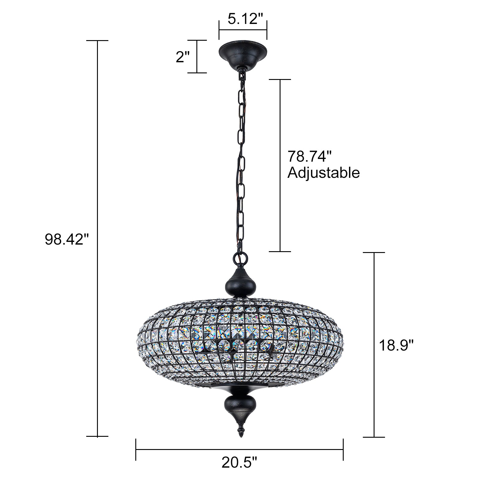 Glowlings 5-Light Vintage 20"Wide Large Brass/Black Globe Handmade Crystal Chandelier
