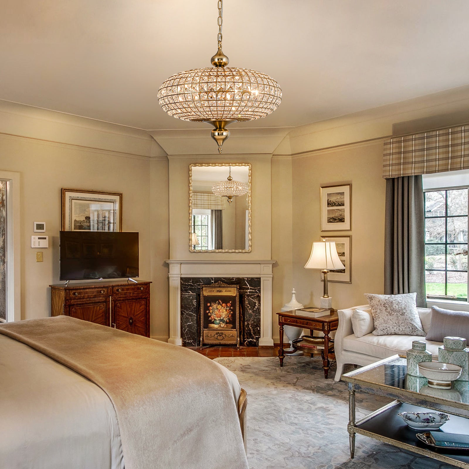 Glowlings 5-flammiger Vintage-Kronleuchter mit großer Messingkugel, 50,8 cm breit, handgefertigt, Kristall