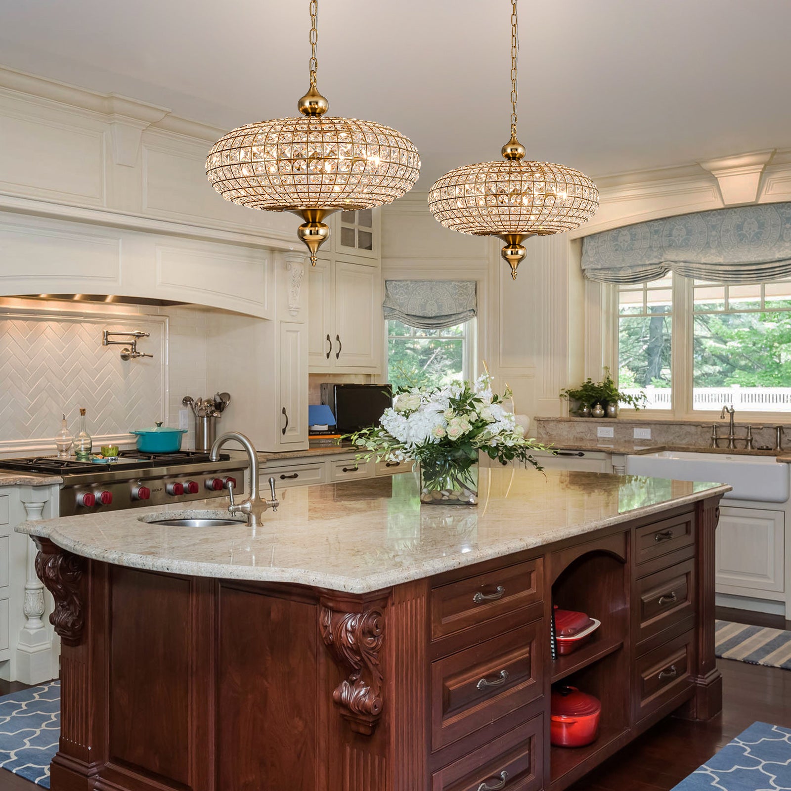 Glowlings 5-flammiger Vintage-Kronleuchter mit großer Messingkugel, 50,8 cm breit, handgefertigt, Kristall