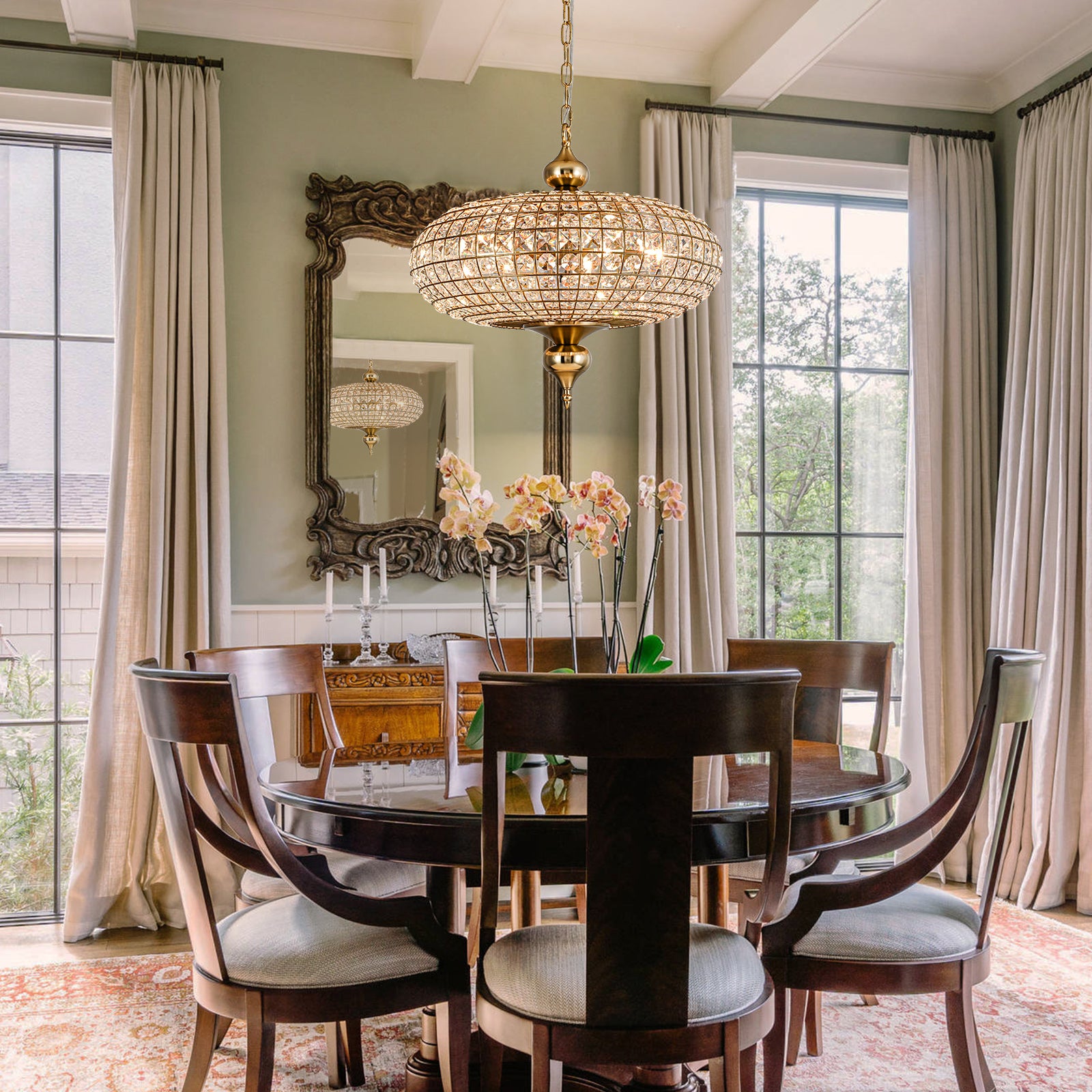 Glowlings 5-flammiger Vintage-Kronleuchter mit großer Messingkugel, 50,8 cm breit, handgefertigt, Kristall