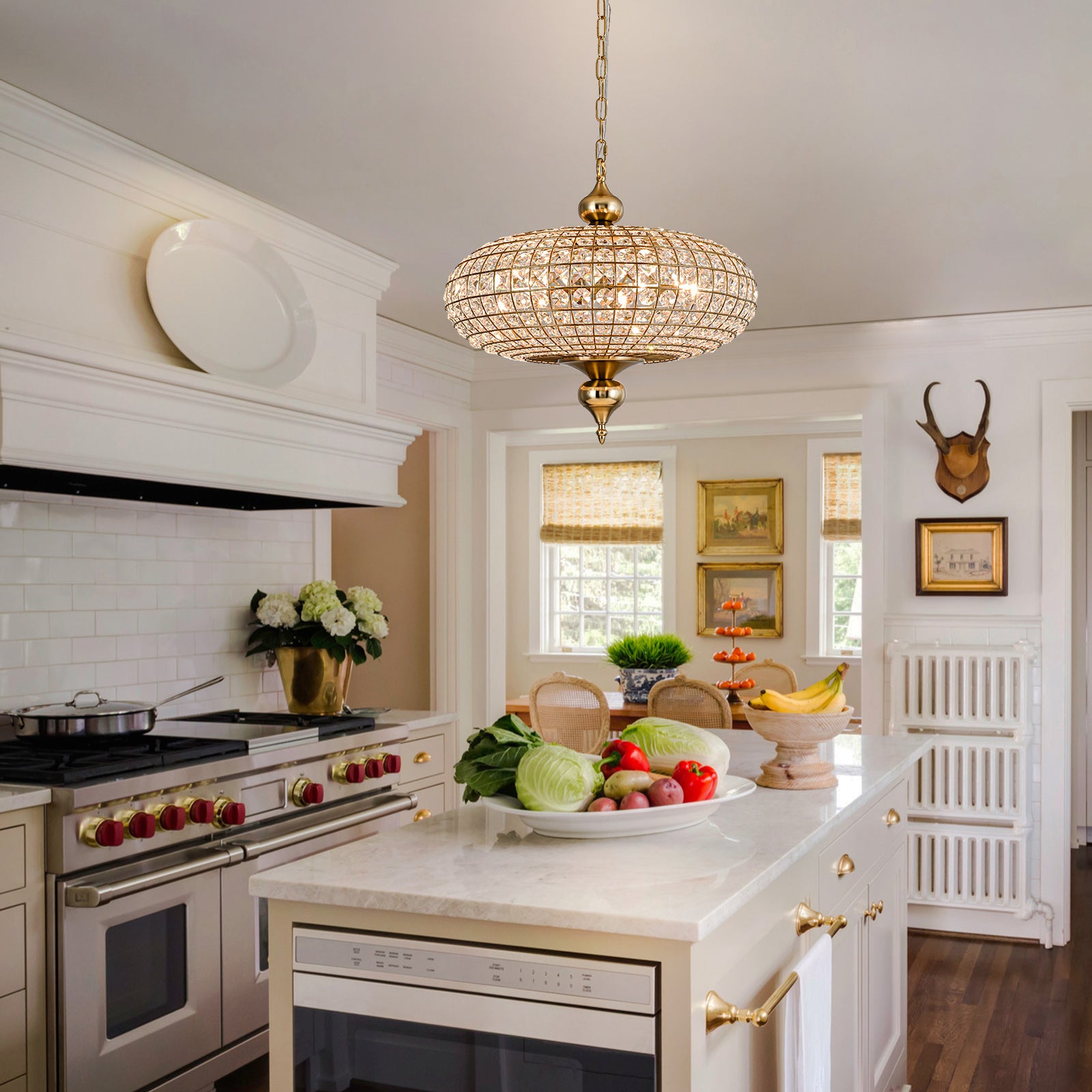 Glowlings 5-flammiger Vintage-Kronleuchter mit großer Messingkugel, 50,8 cm breit, handgefertigt, Kristall