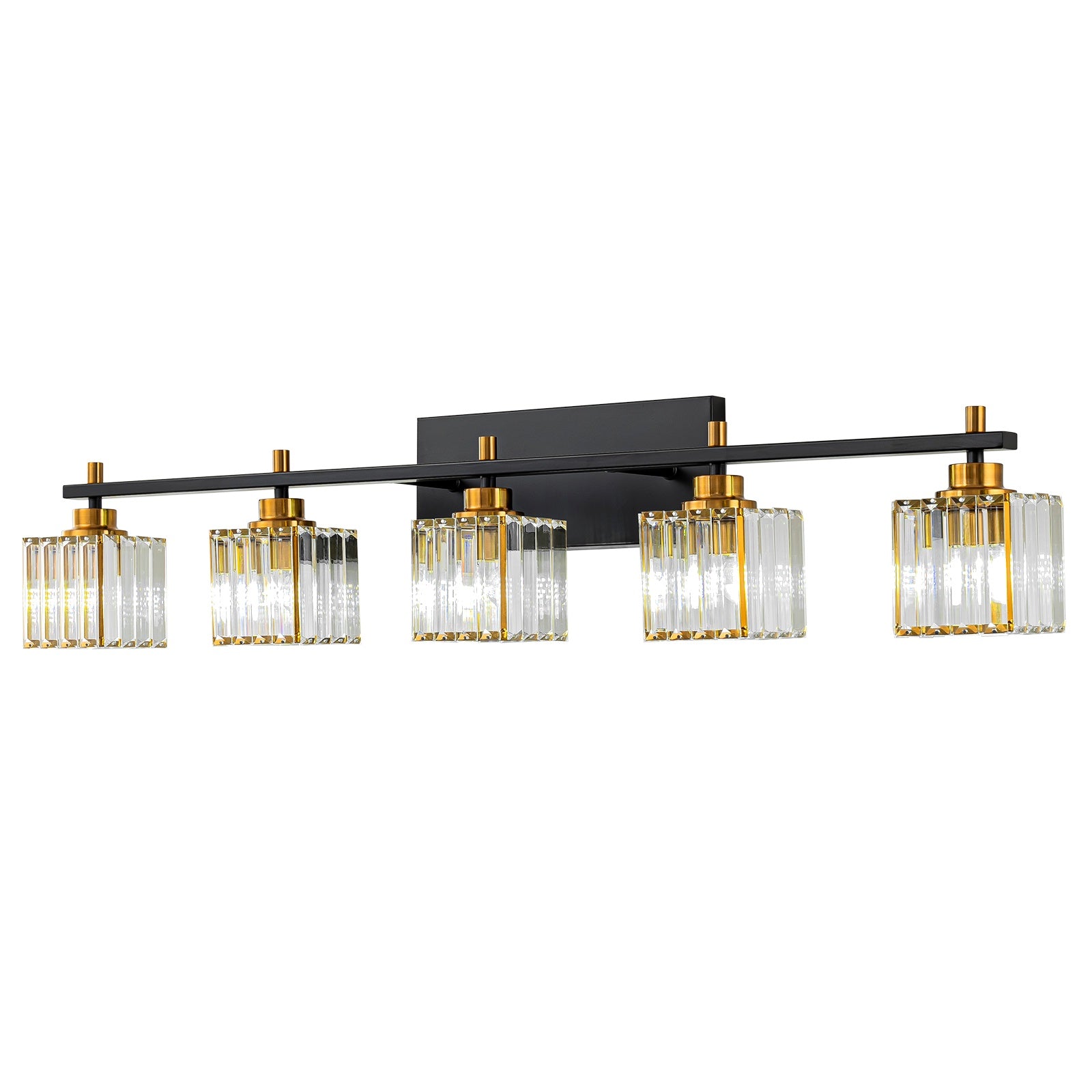 Glowlings 3/4/5-flammige, glamouröse, quadratische Kristall-Badezimmerleuchte über dem Spiegel, Schwarz/Gold