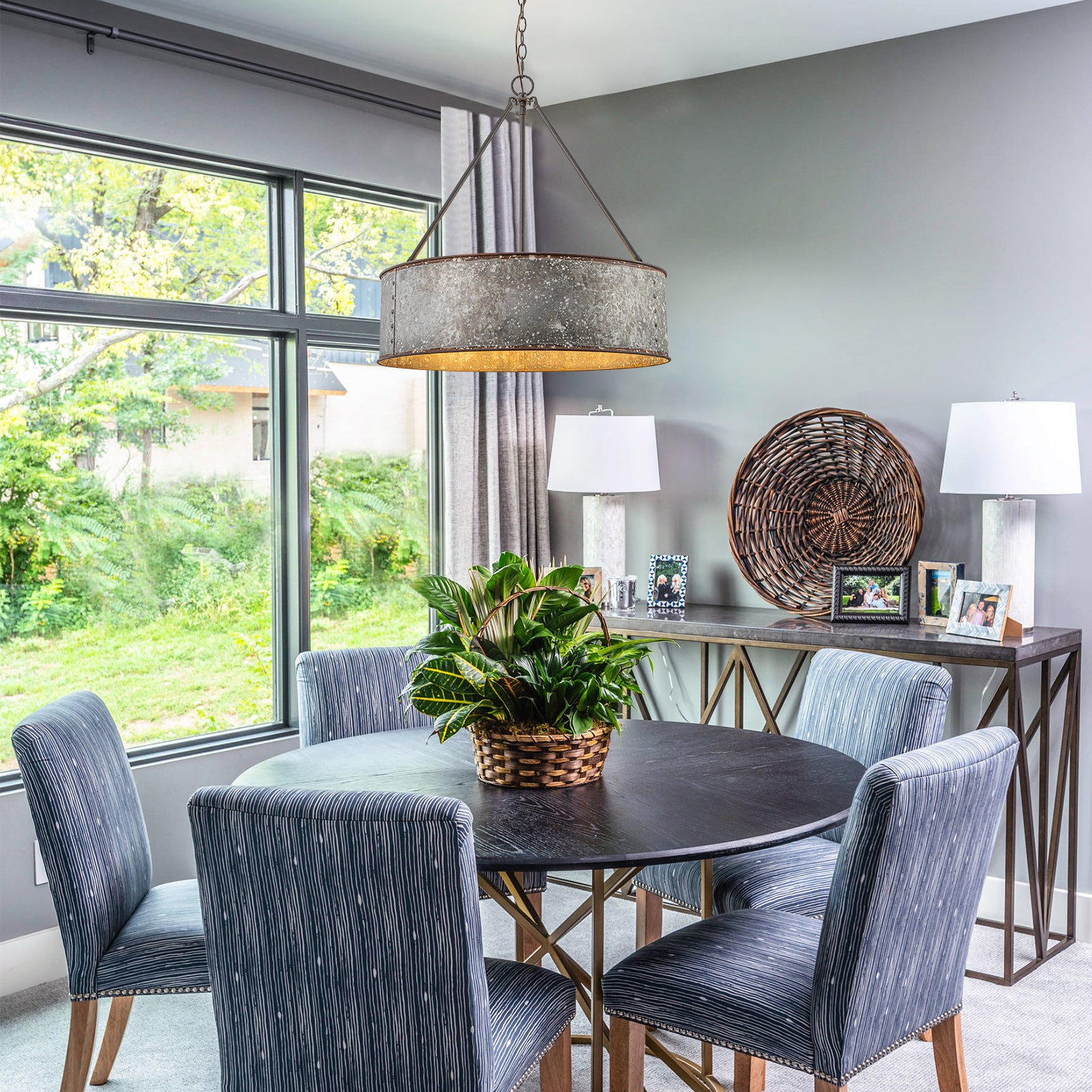 Glowlings 5-Light Industrial 24"Wide Distressed Zinc Galvanized Metal Drum Pendant Light