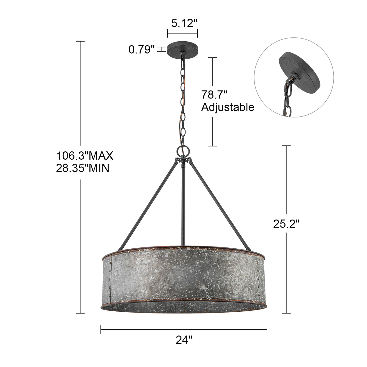 Glowlings 5-Light Industrial 24"Wide Distressed Zinc Galvanized Metal Drum Pendant Light