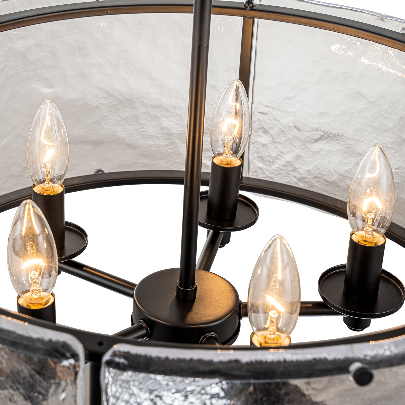 Glowlings 5-flammiger moderner 21" breiter Laternen-Trommel-Kronleuchter mit strukturierter Wasserwellenstruktur aus klarem Glas