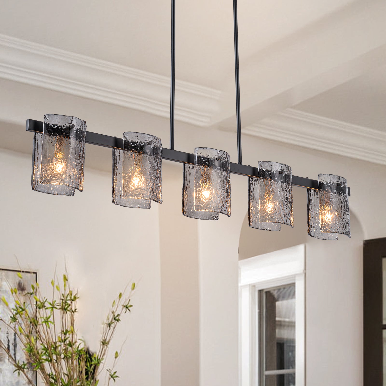 Glowlings 5-Light Modern 47"Wide Large Textured Smoky Gray Glass Linear Pendant Light