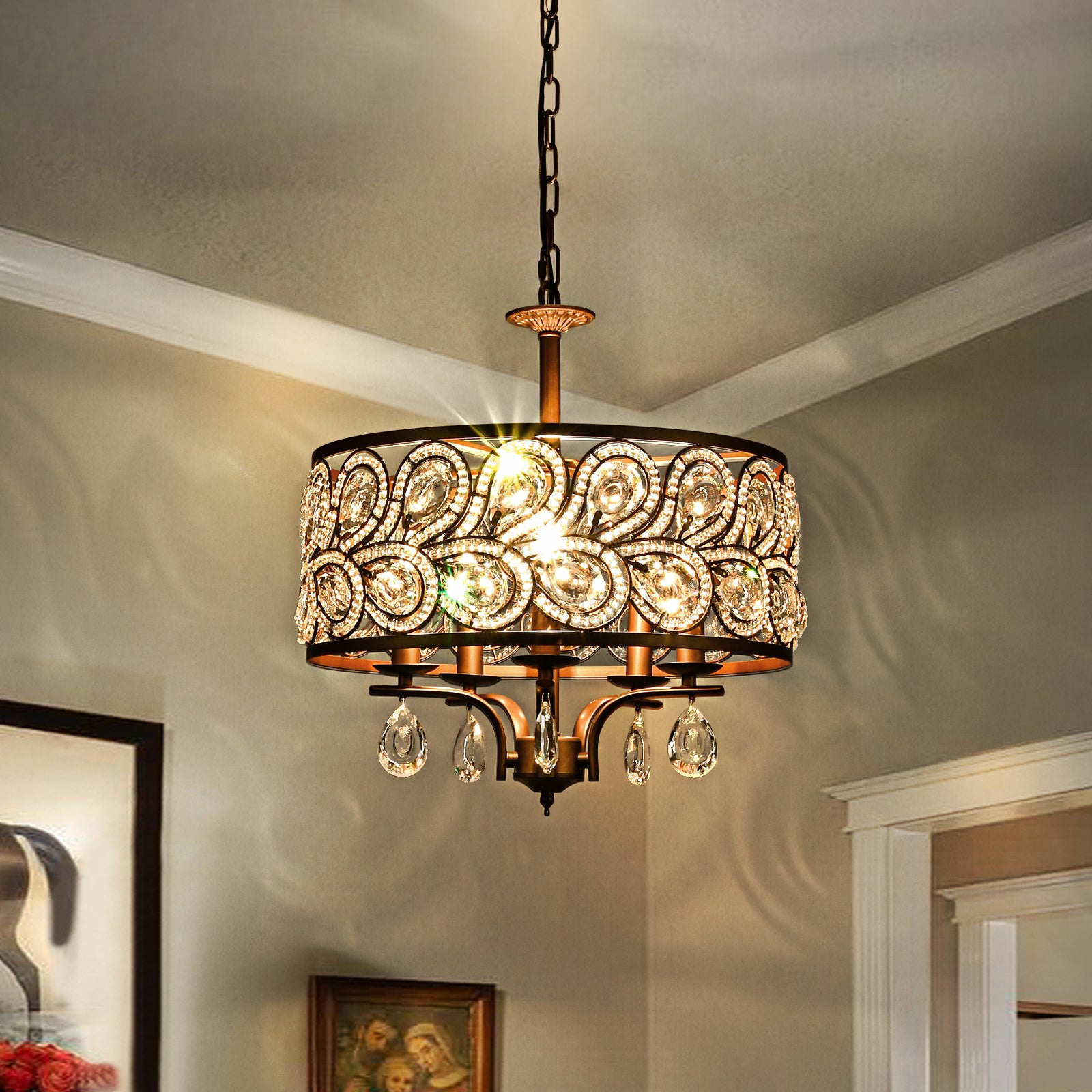 Glowlings 5-flammiger 17" breiter Luxus-Kristall-Kronleuchter in Antik-Bronze
