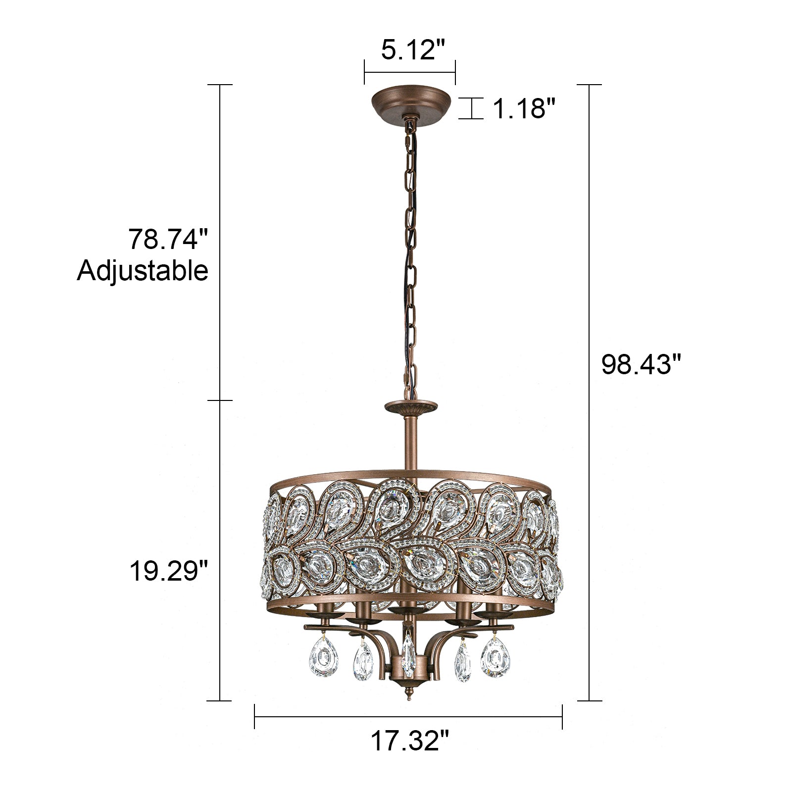 Glowlings 5-flammiger 17" breiter Luxus-Kristall-Kronleuchter in Antik-Bronze