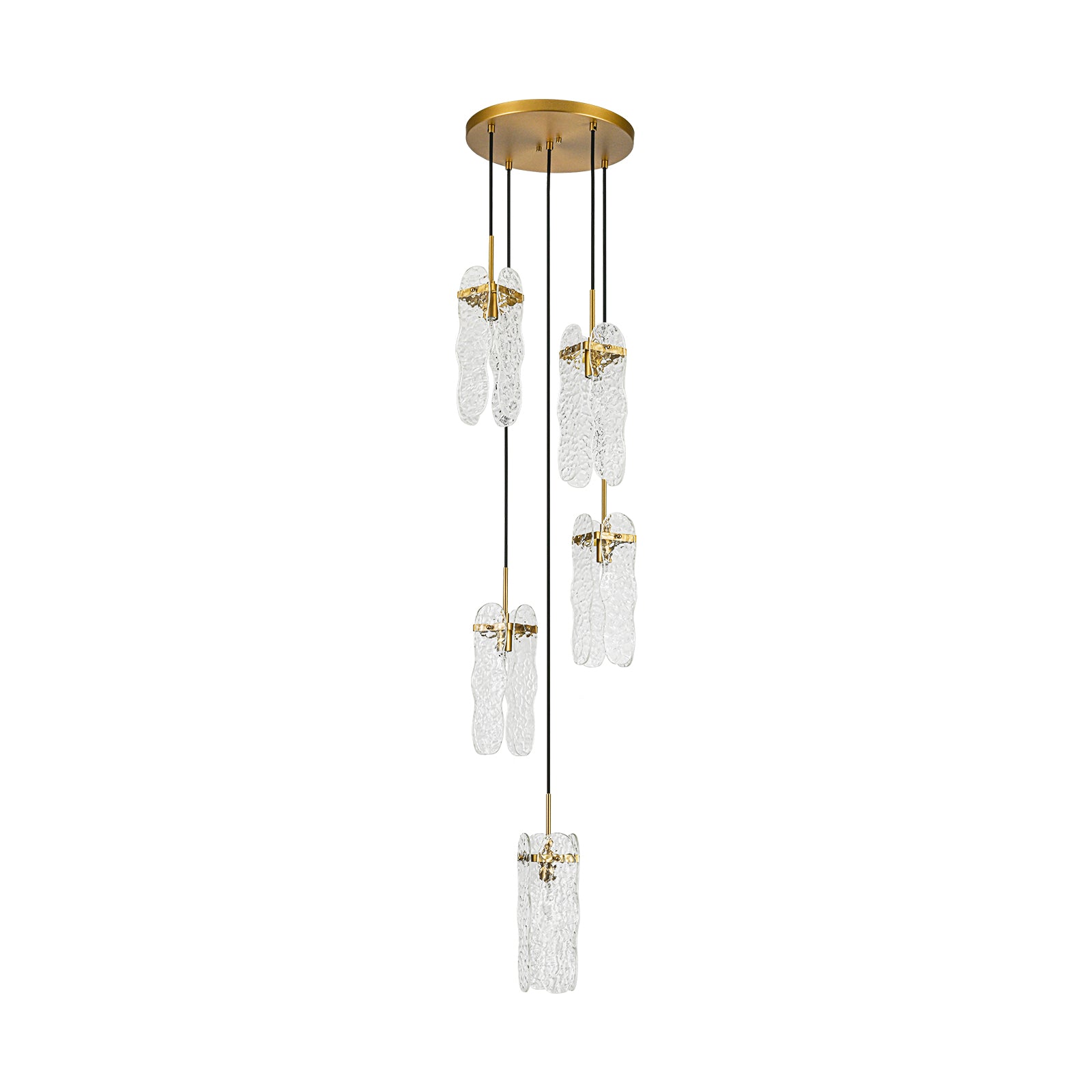 Glowlings 5-flammiger Luxus-Pendelleuchter aus strukturiertem Messing mit klarem Glas, Foyer-Kronleuchter