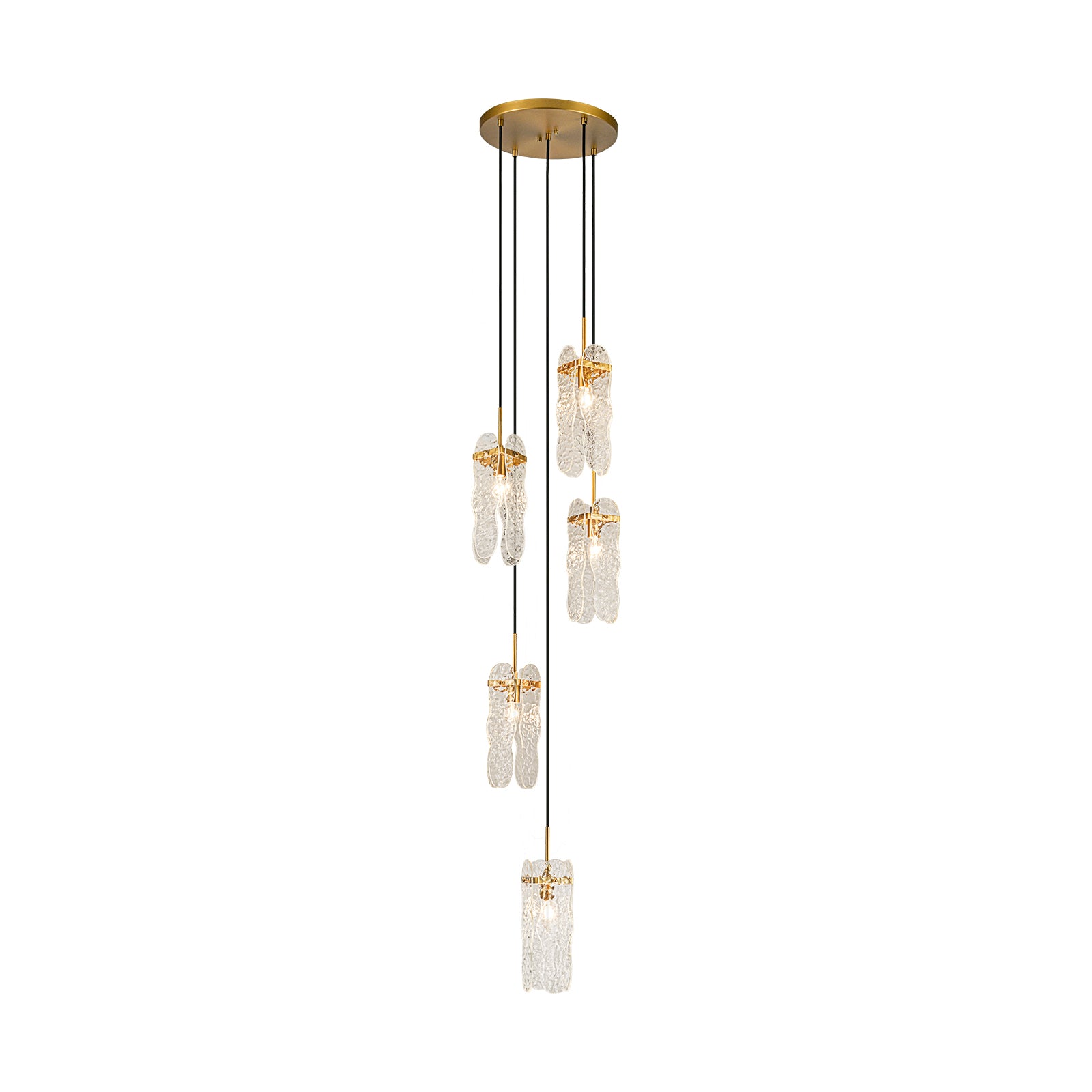Glowlings 5-flammiger Luxus-Pendelleuchter aus strukturiertem Messing mit klarem Glas, Foyer-Kronleuchter