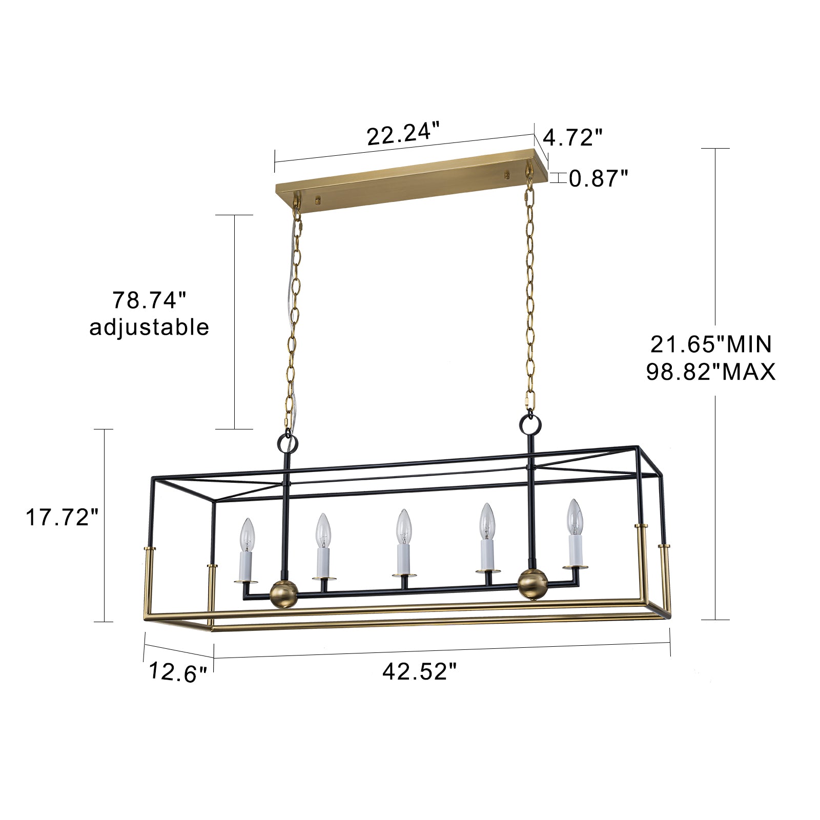 Glowlings 5-Light Modern 43"Wide Antiqued Brass and Black Large Rectangular Linear Chandelier