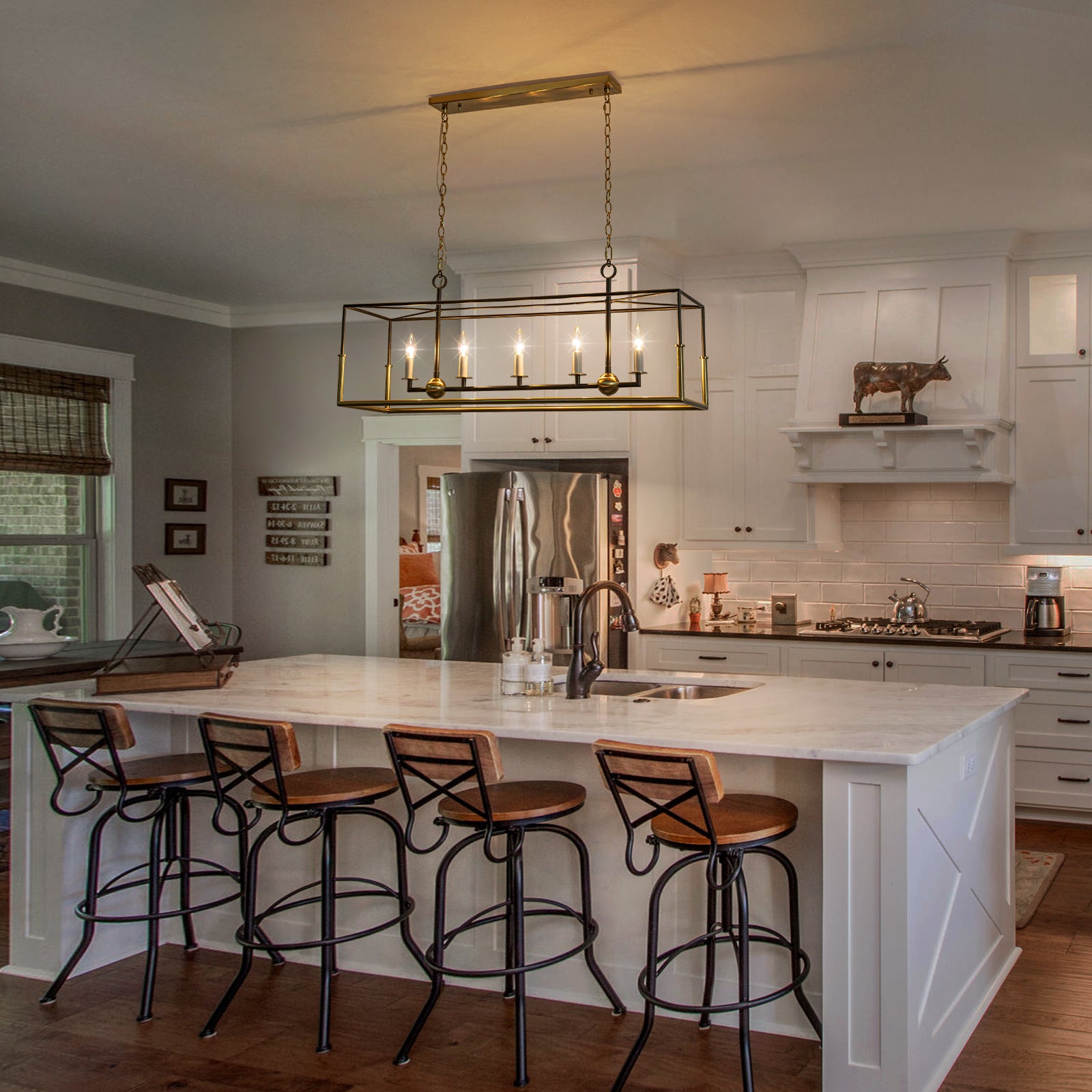 Glowlings 5-Light Modern 43"Wide Antiqued Brass and Black Large Rectangular Linear Chandelier