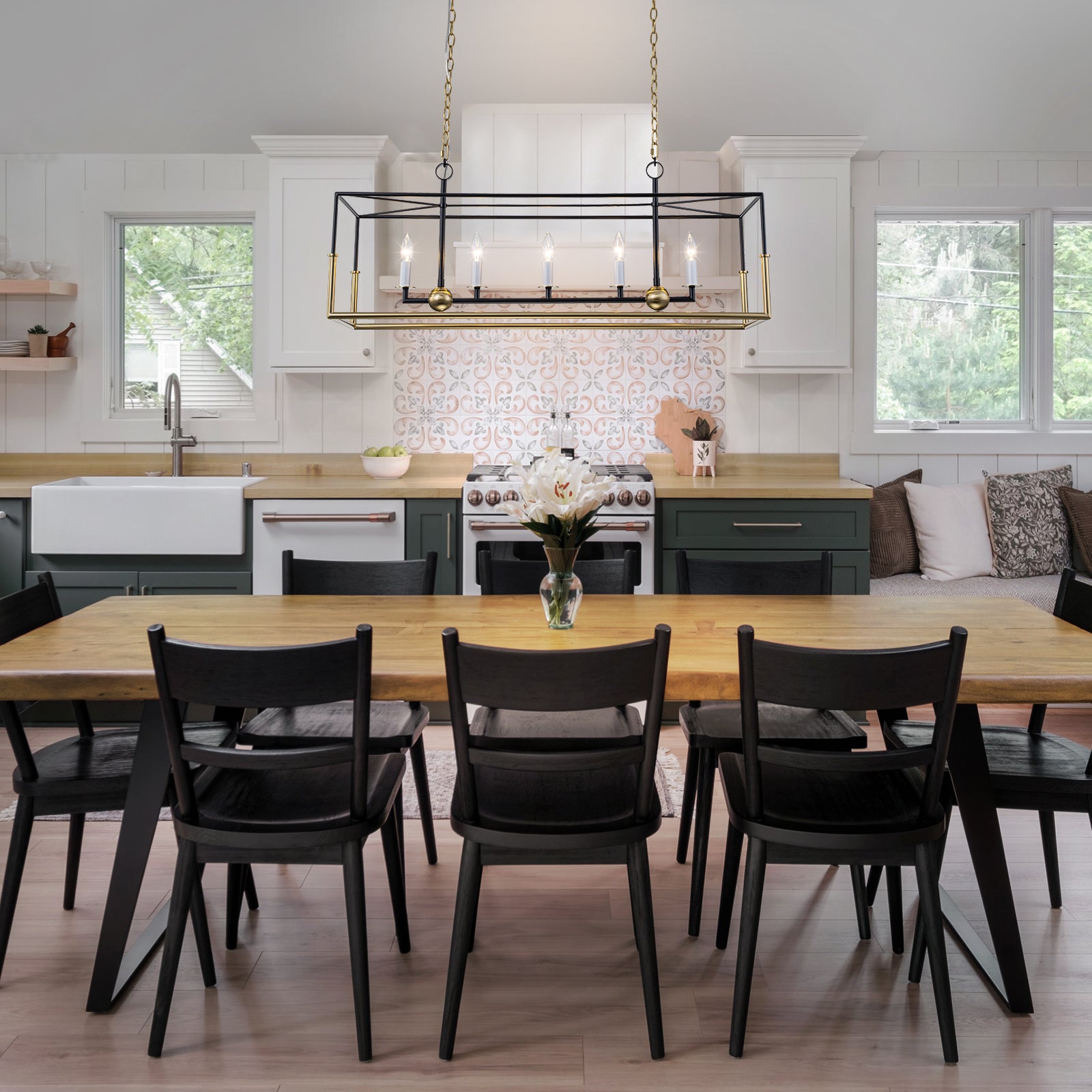 Glowlings 5-Light Modern 43"Wide Antiqued Brass and Black Large Rectangular Linear Chandelier