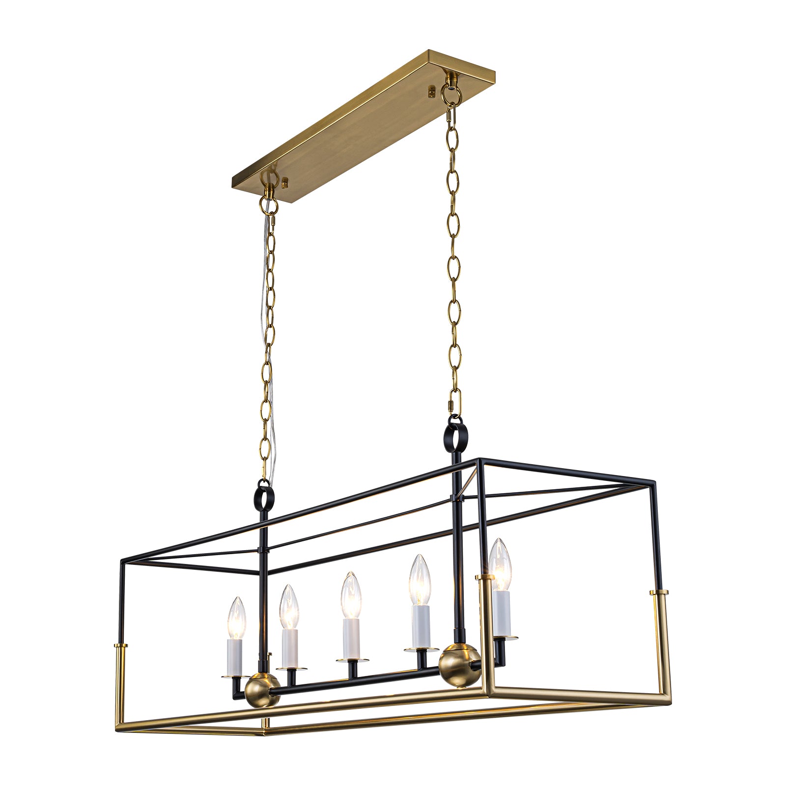 Glowlings 5-Light Modern 43"Wide Antiqued Brass and Black Large Rectangular Linear Chandelier