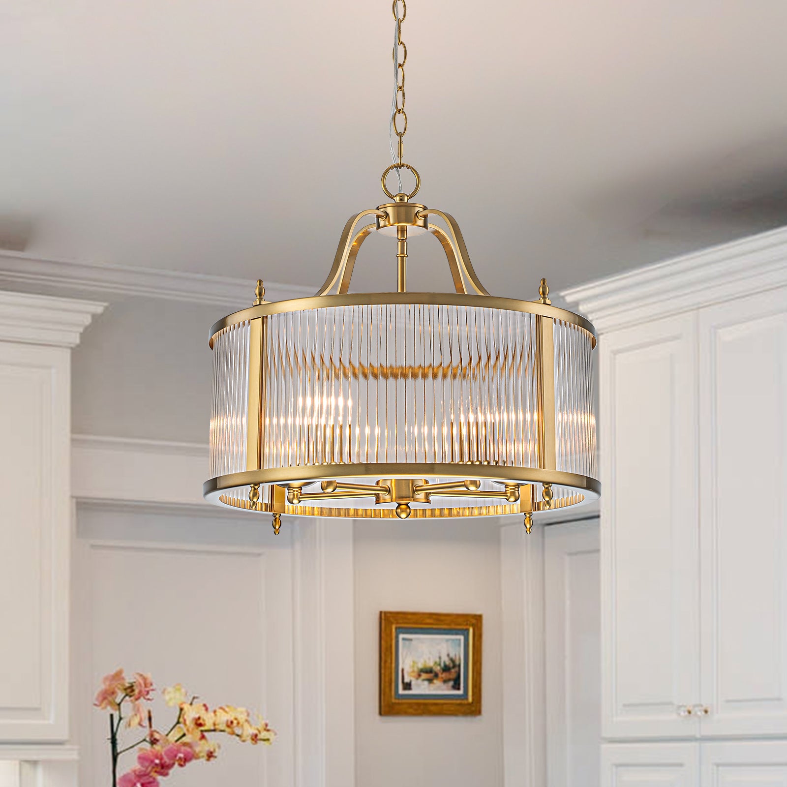 Glowlings 5-Light Modern 20"Wide Brass Round Clear Ribbed Glass Chandelier