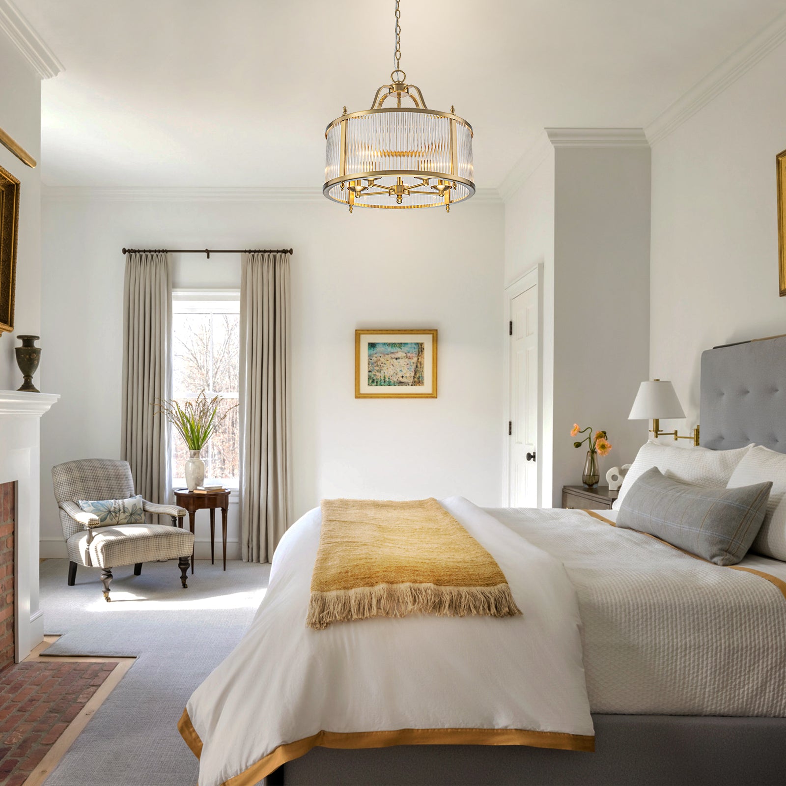 Glowlings 5-Light Modern 20"Wide Brass Round Clear Ribbed Glass Chandelier