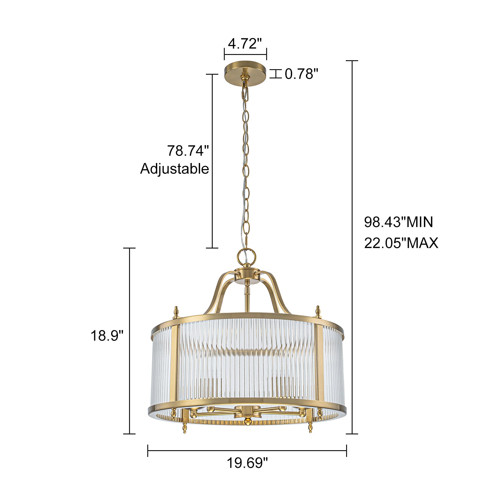 Glowlings 5-Light Modern 20"Wide Brass Round Clear Ribbed Glass Chandelier