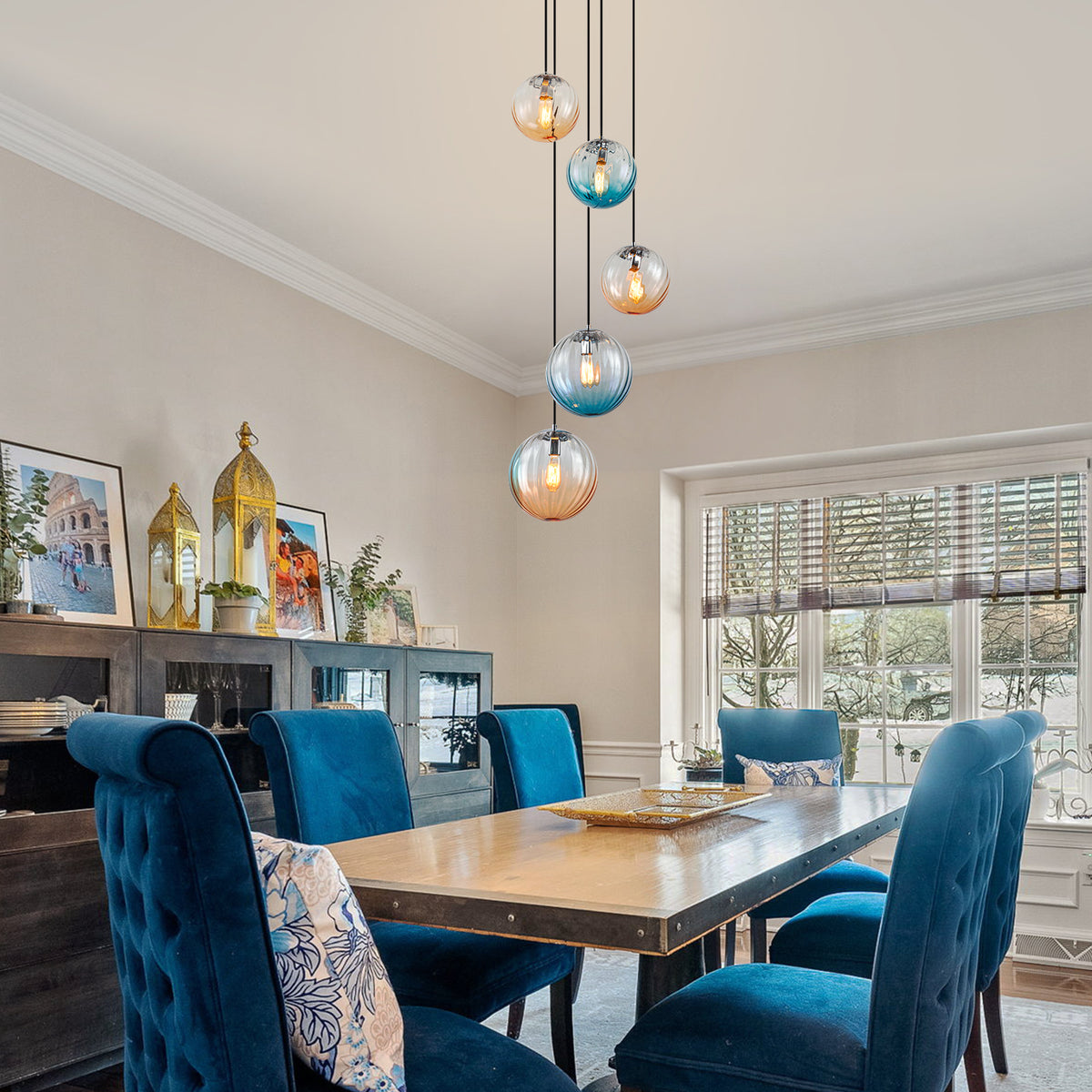 Glowlings 5-Light Modern Cluster Globe Adjustable Spiral Hanging Pendant Light, Ribbed Amber & Blue Gradient Glass Chandelier