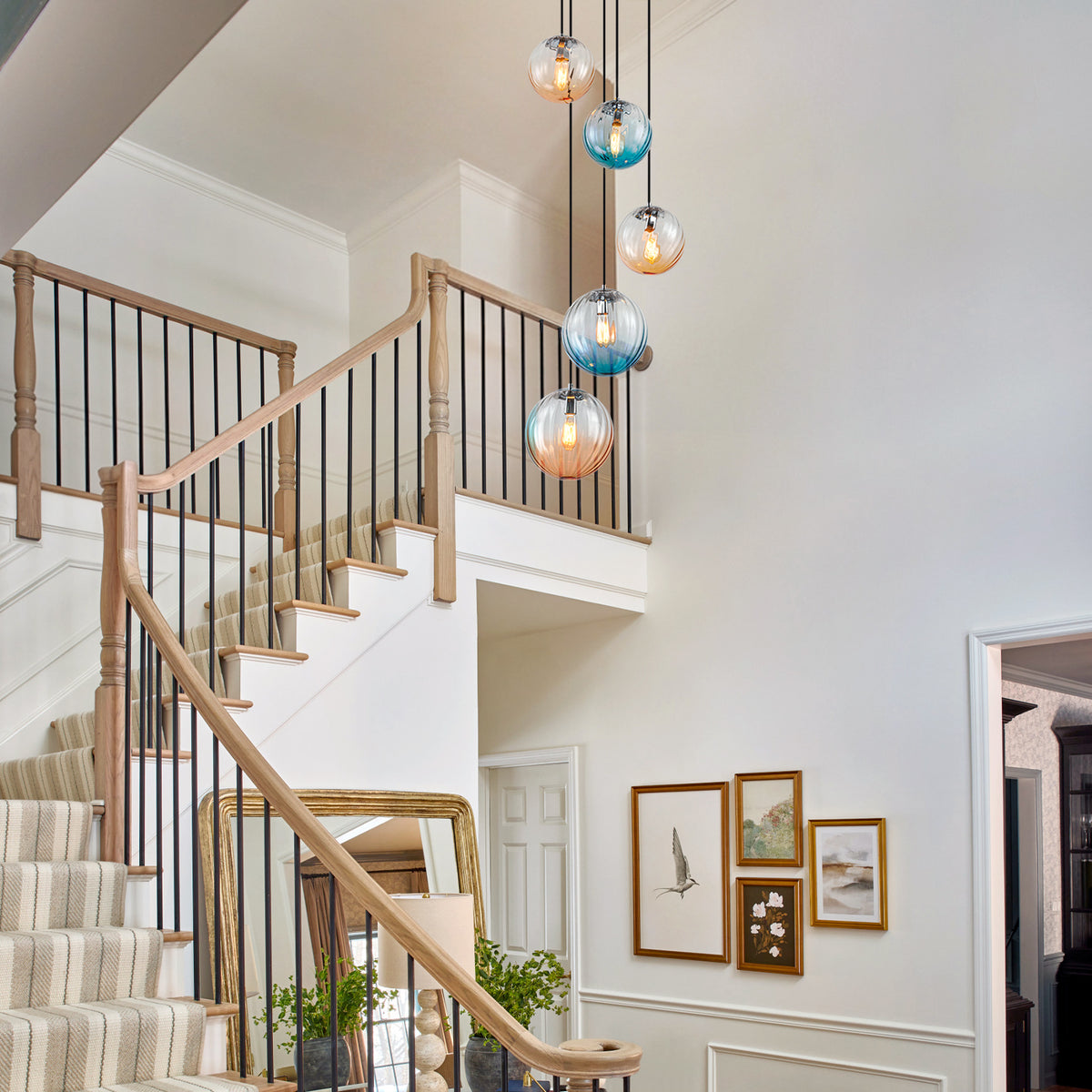 Glowlings 5-Light Modern Cluster Globe Adjustable Spiral Hanging Pendant Light, Ribbed Amber & Blue Gradient Glass Chandelier