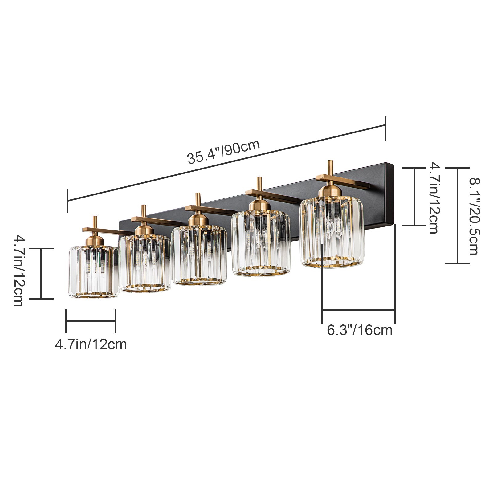 Glowlings 5-Licht 35,4'' Moderne quadratische Kristall-Waschtischleuchte für Badezimmer