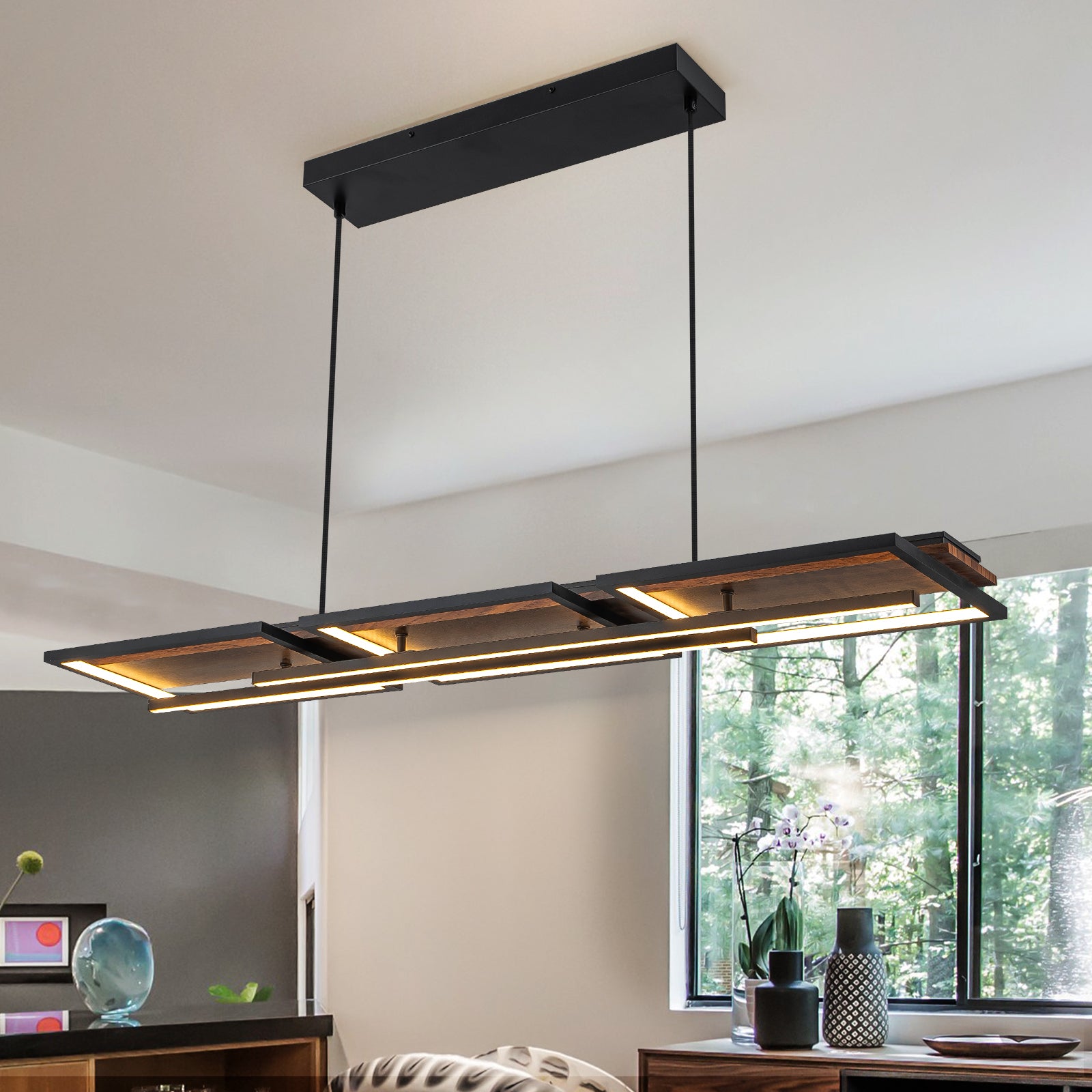 Glowlings 5-flammige, moderne, 109,2 cm breite, rechteckige LED-Pendelleuchte aus dunklem Walnussholz