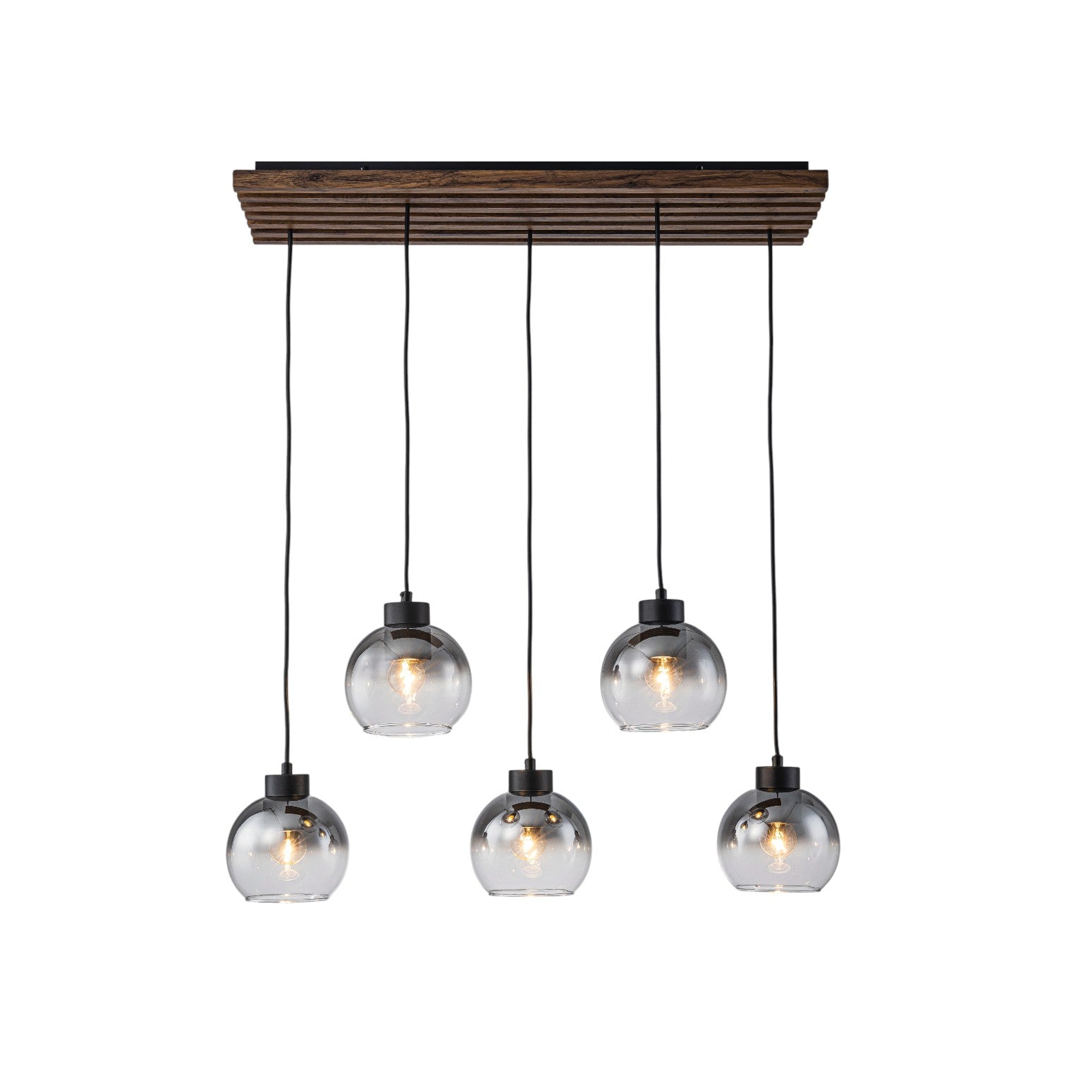 Glowlings 5-Light Modern Farmhouse Linear Wood Pendant Light Island Chandelier with Smoky Glass Globe Shades