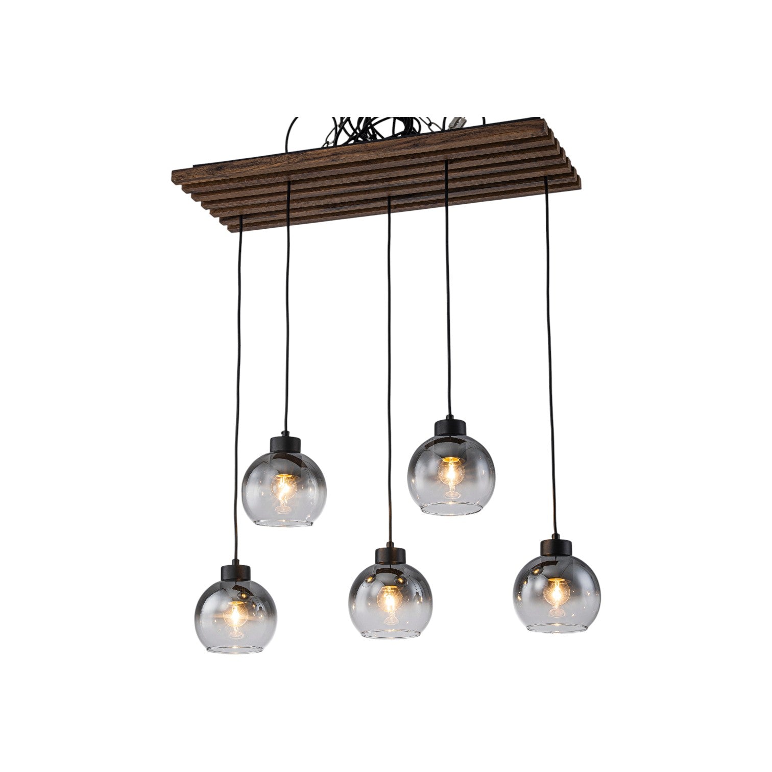 Glowlings 5-Light Modern Farmhouse Linear Wood Pendant Light Island Chandelier with Smoky Glass Globe Shades