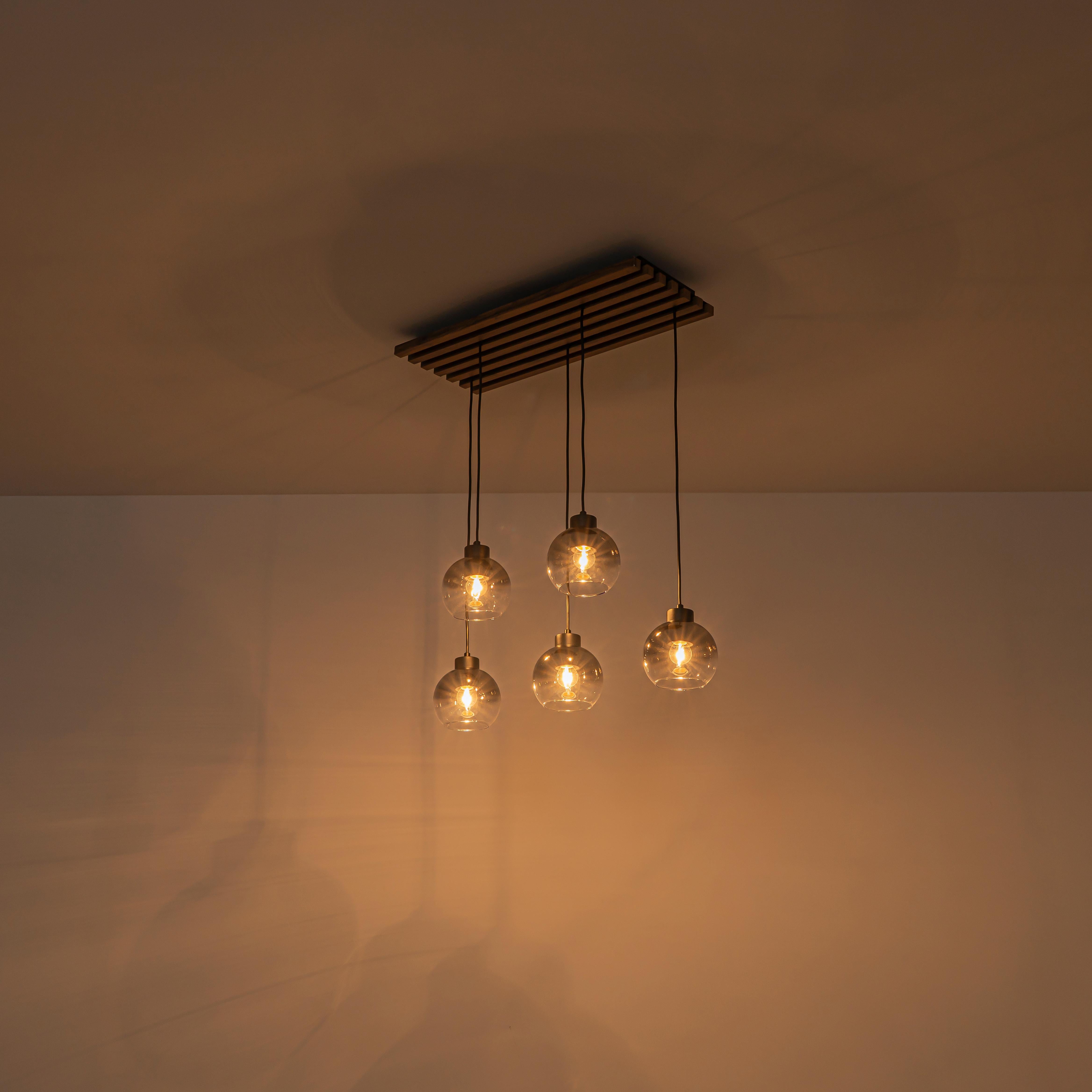 Glowlings 5-Light Modern Farmhouse Linear Wood Pendant Light Island Chandelier with Smoky Glass Globe Shades