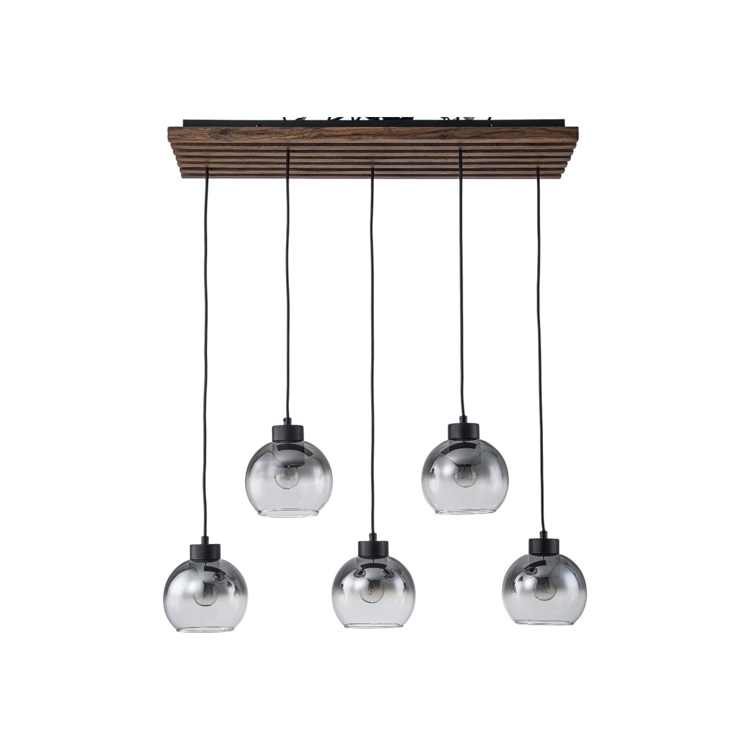 Glowlings 5-Light Modern Farmhouse Linear Wood Pendant Light Island Chandelier with Smoky Glass Globe Shades