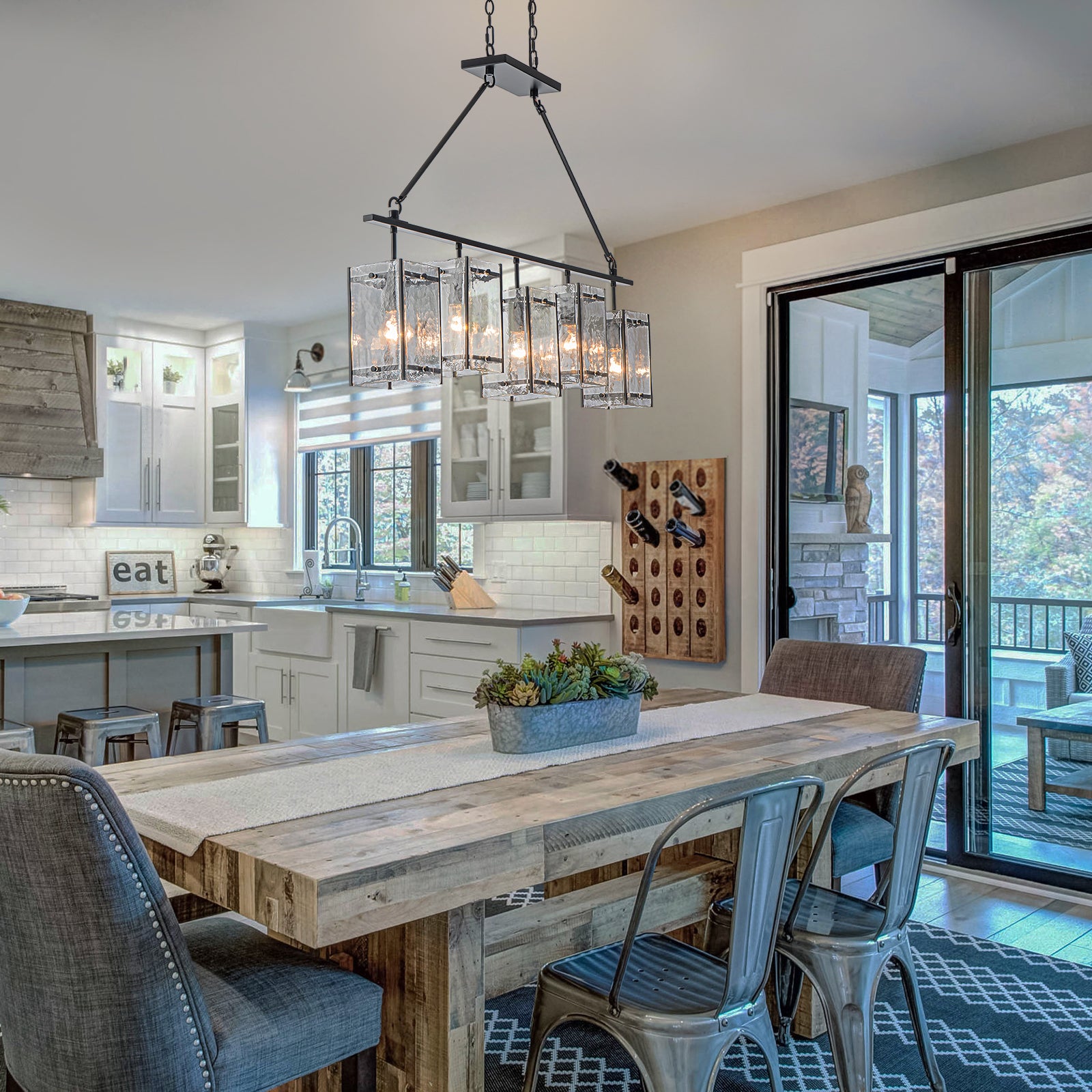 Glowlings 5-Light Modern Kitchen Island Chandelier, Matte Black Linear Pendant Light with Handblown Water Ripple Glass