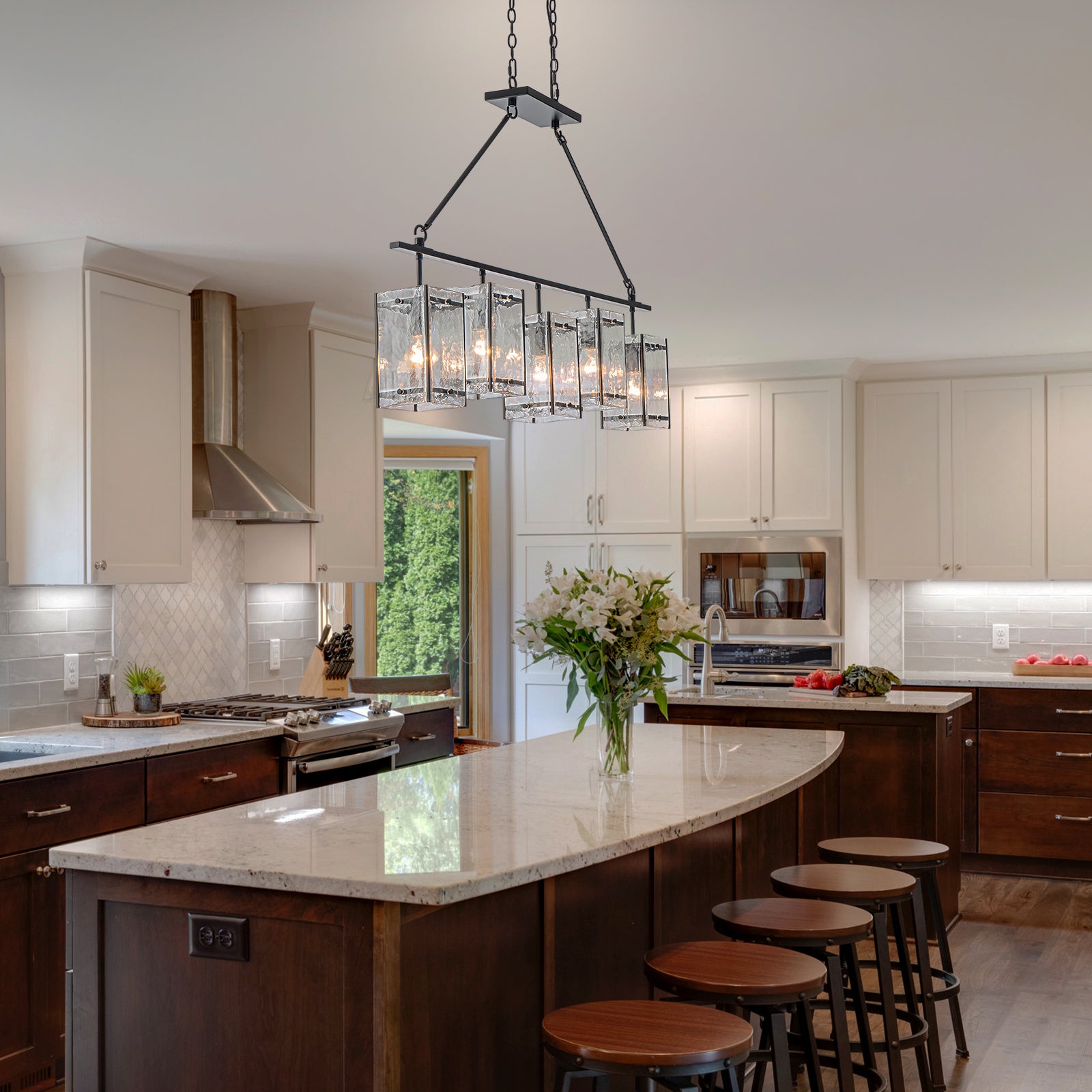 Glowlings 5-Light Modern Kitchen Island Chandelier, Matte Black Linear Pendant Light with Handblown Water Ripple Glass