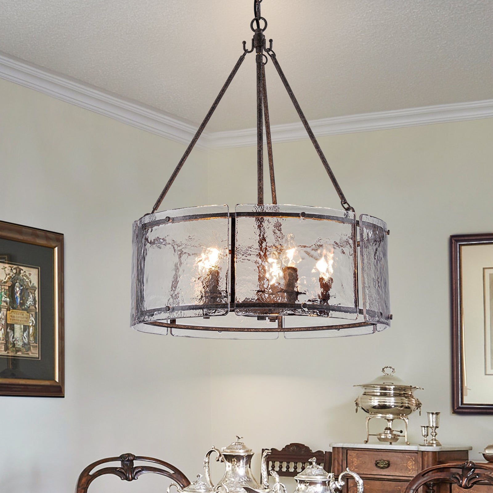 Glowlings 5-Light Modern 21"Wide Lantern Drum Textured Water Ripple Clear Glass Chandelier