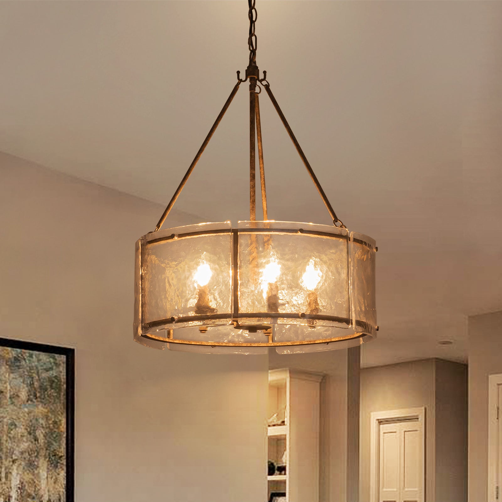 Glowlings 5-Light Modern 21"Wide Lantern Drum Textured Water Ripple Clear Glass Chandelier