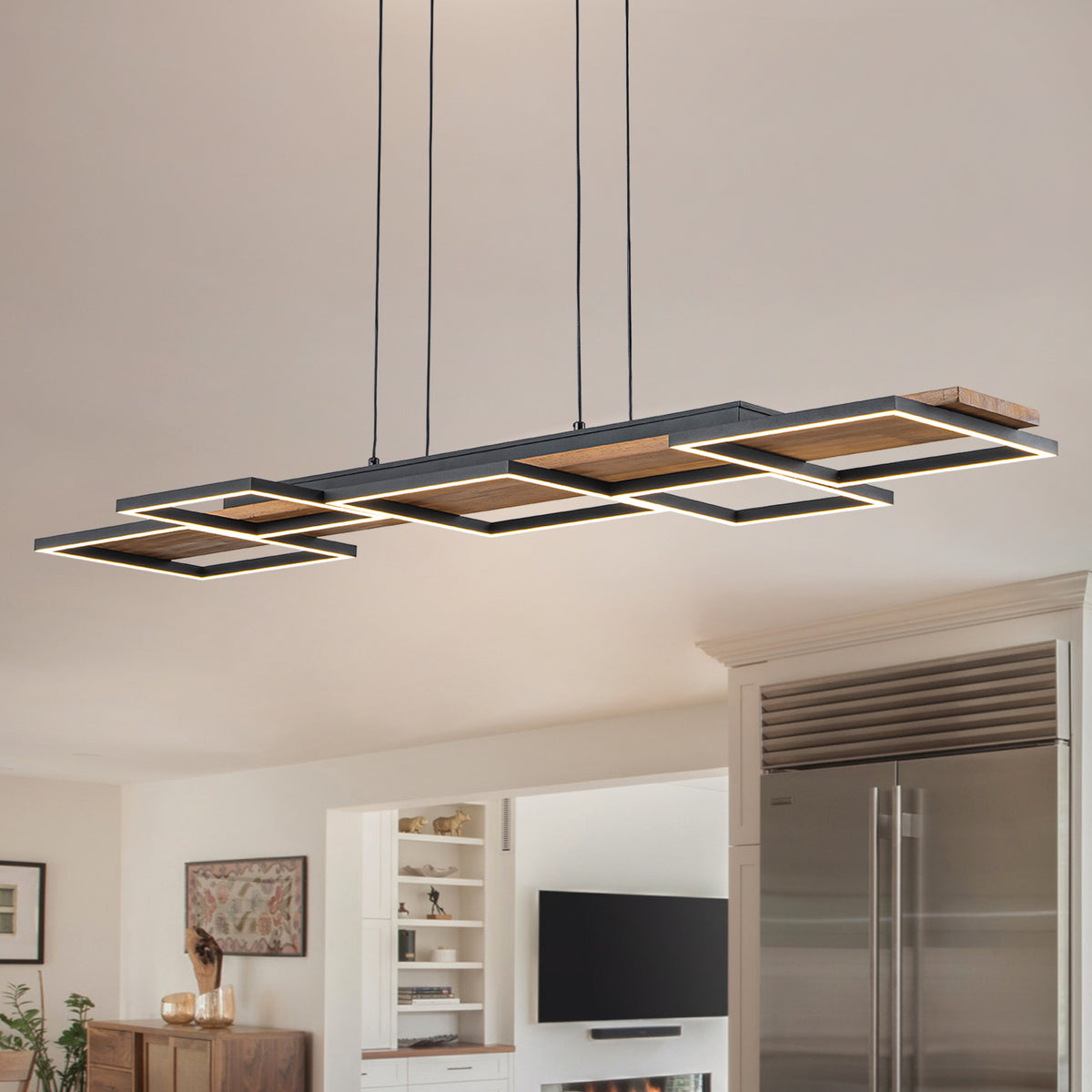 Glowlings 5-Light Modern Linear LED Island Wood Pendant Light, Matte Black & Wood Grain Geometric Chandelier