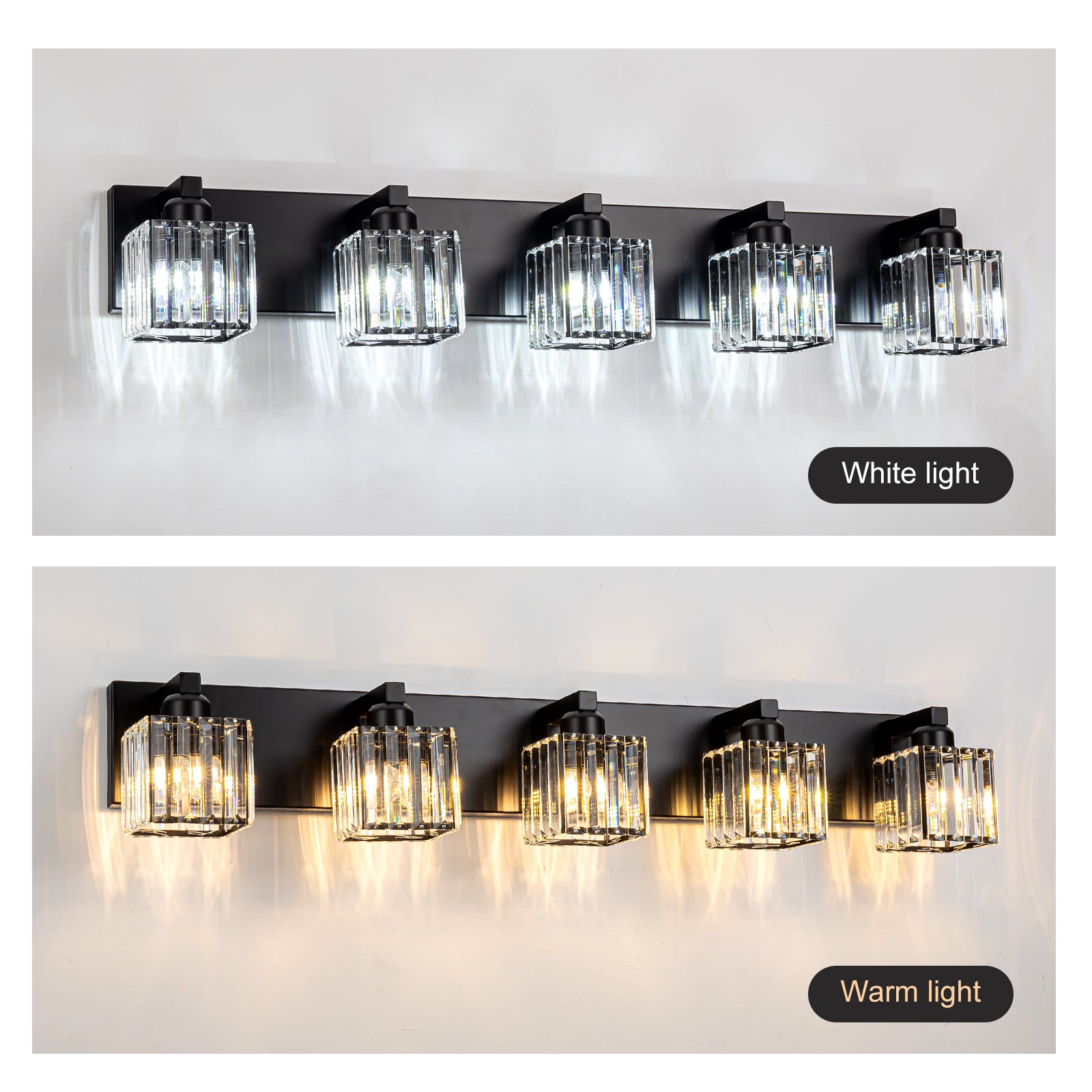 Glowlings 3/4/5-Light Modern Matte Black Square Crystal Bathroom Vanity Light Fixtures Over Mirror