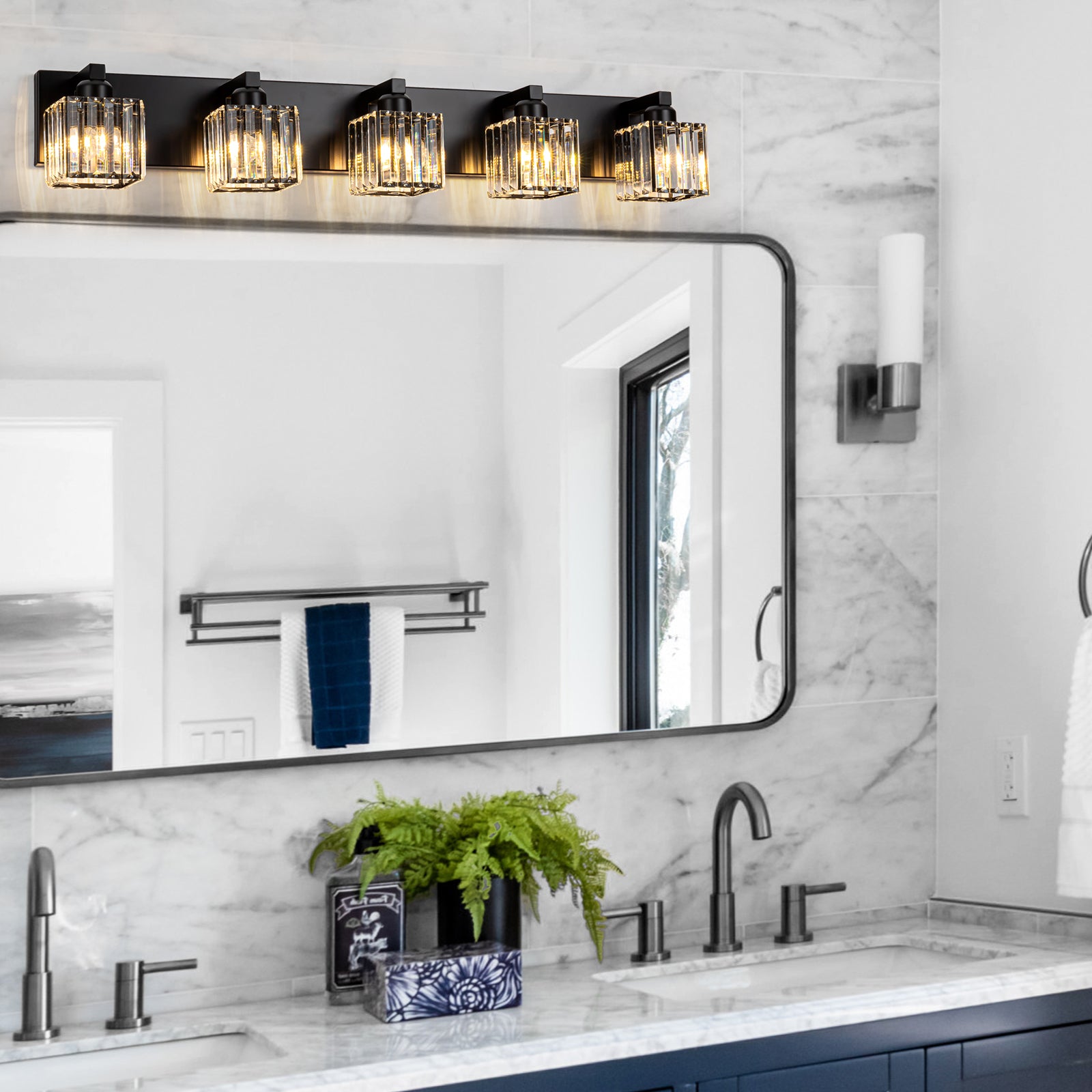 Glowlings 3/4/5-Light Modern Matte Black Square Crystal Bathroom Vanity Light Fixtures Over Mirror