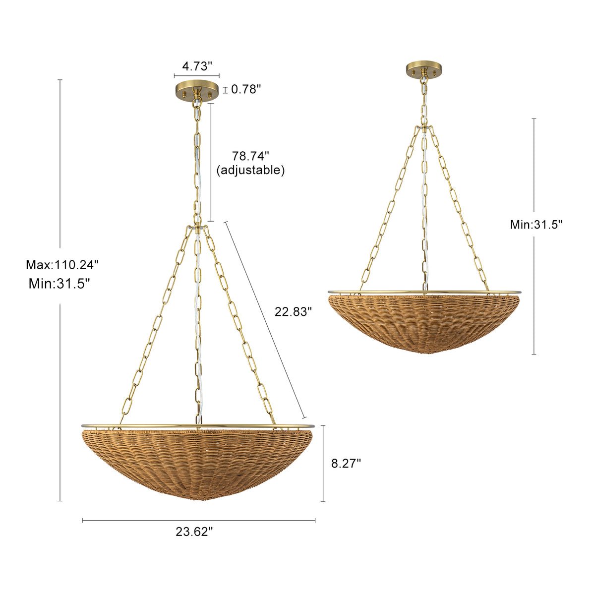 Glowlings 5-Light Modern Organic Brass Rattan Bowl Pendant Light Handwoven Wicker Chandelier